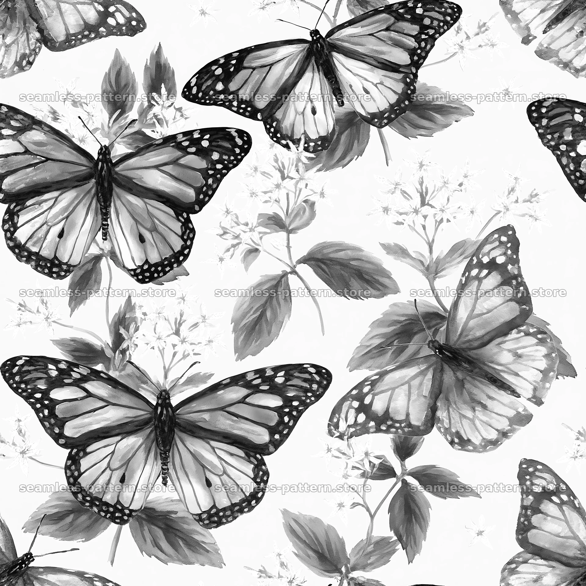 Watercolor butterfly seamless pattern in black and white — seamless tileable pattern