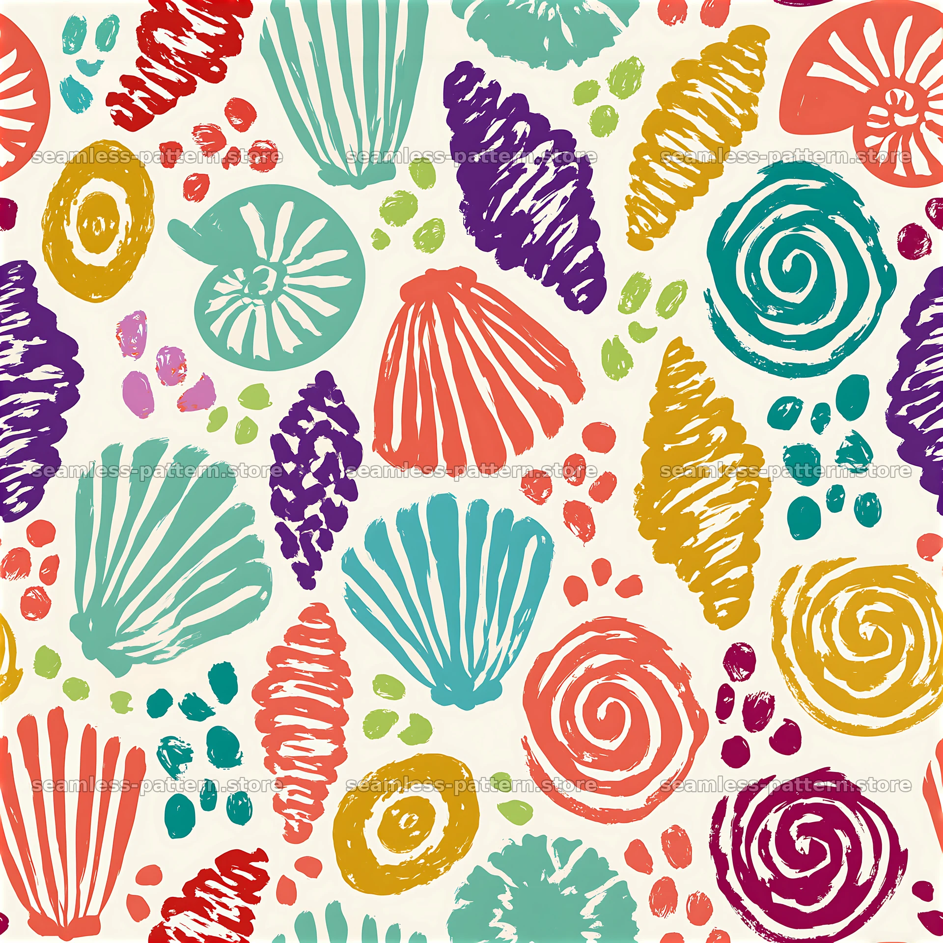 Vibrant color pop motifs tileable pattern featuring shells and swirls — seamless tileable pattern at 8192x8192