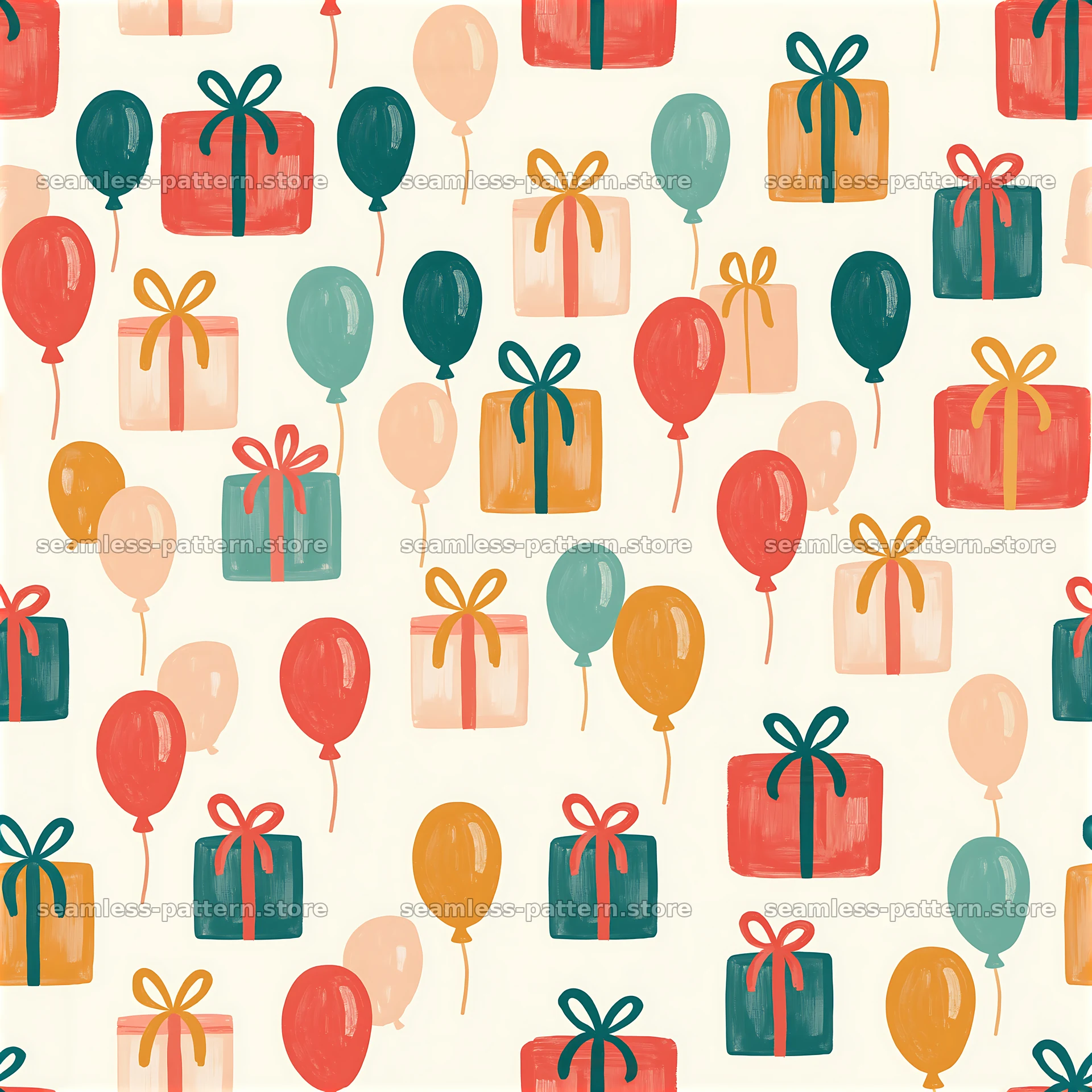 Seamless pattern with gift boxes and balloons in bright colors — seamless tileable pattern at 8192x8192