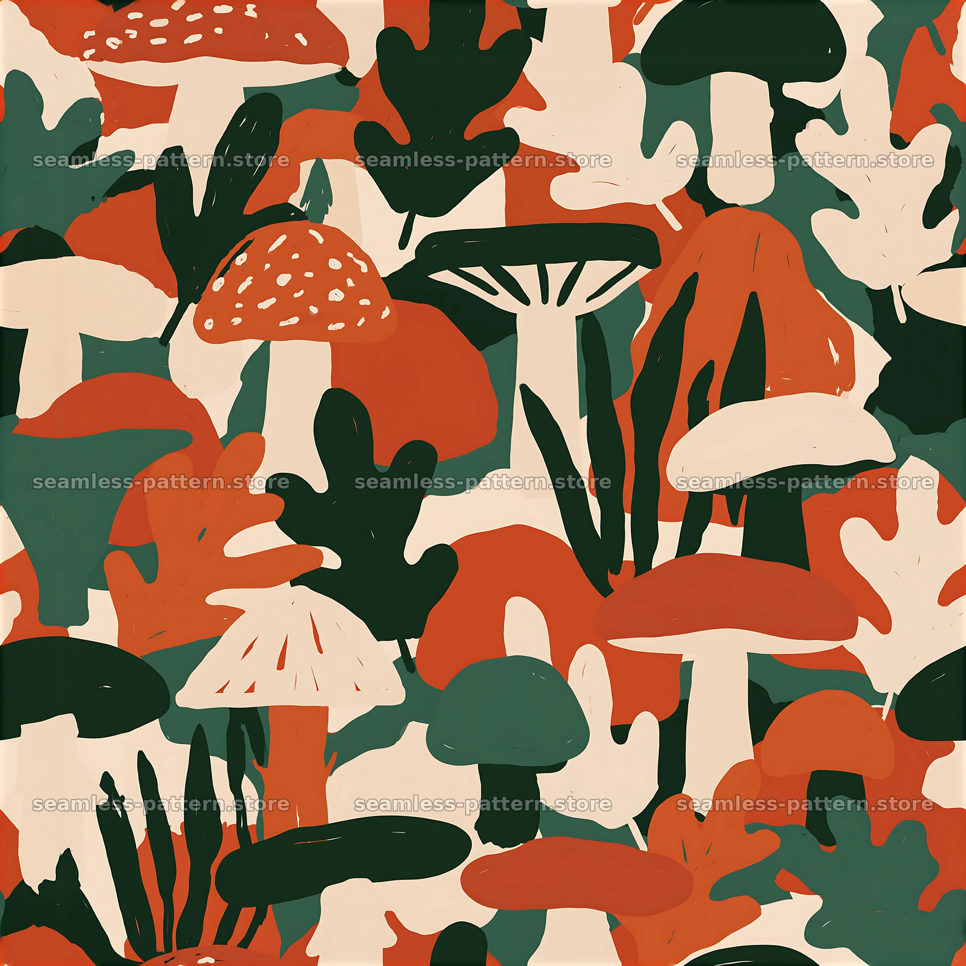 Seamless camouflage pattern for curtains and decorative fabric with fungi and leaves — seamless tileable pattern at 8192x8192