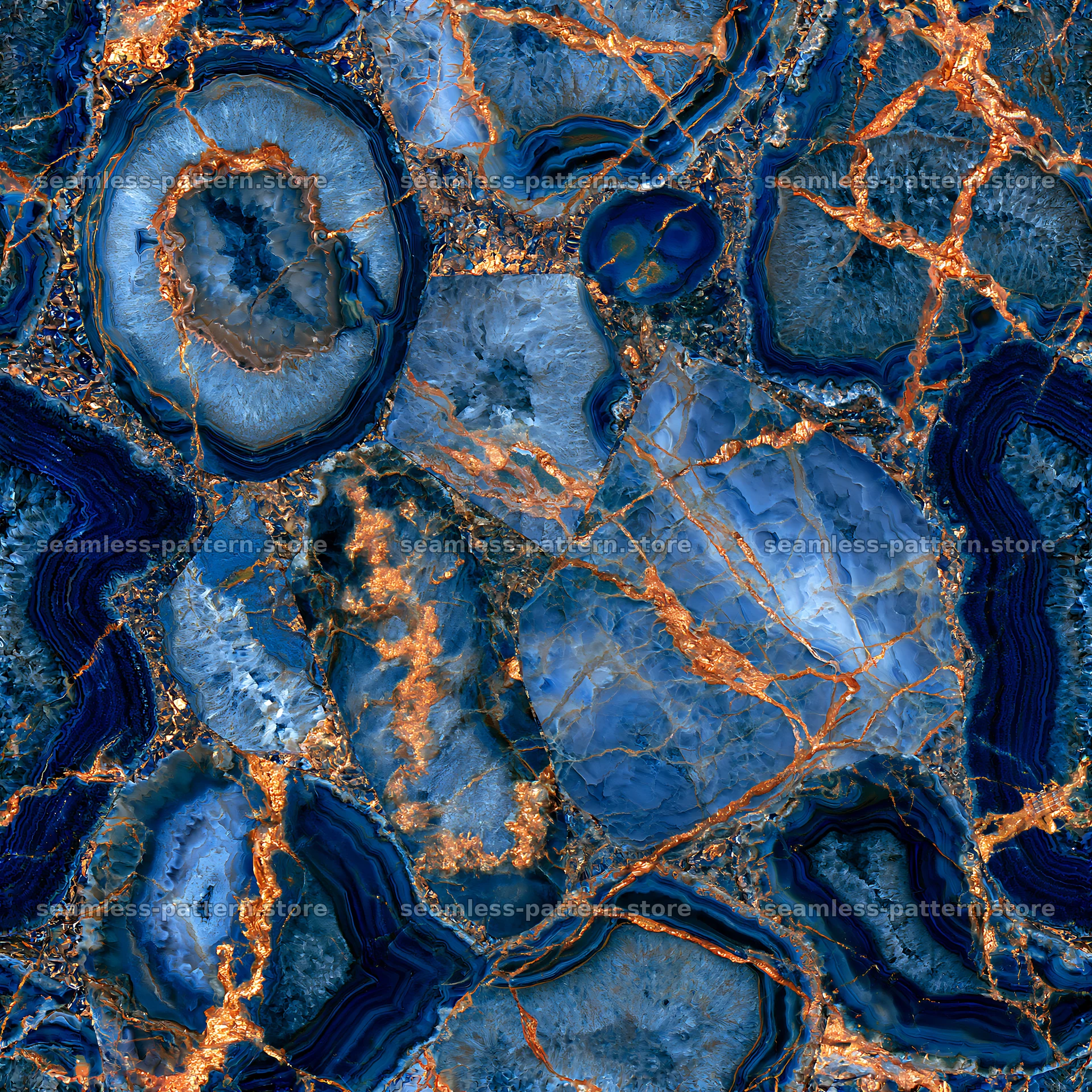 Vibrant blue marble seamless pattern with orange veins — seamless tileable pattern