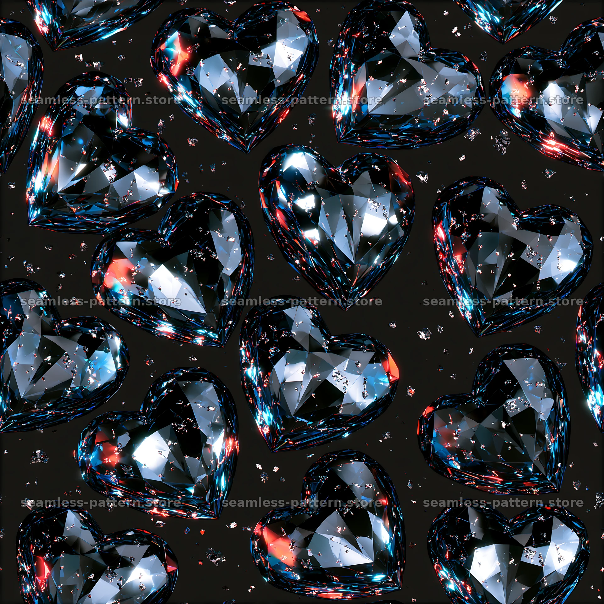 Heart crystals repeating pattern on dark background — seamless tileable pattern at 8192x8192