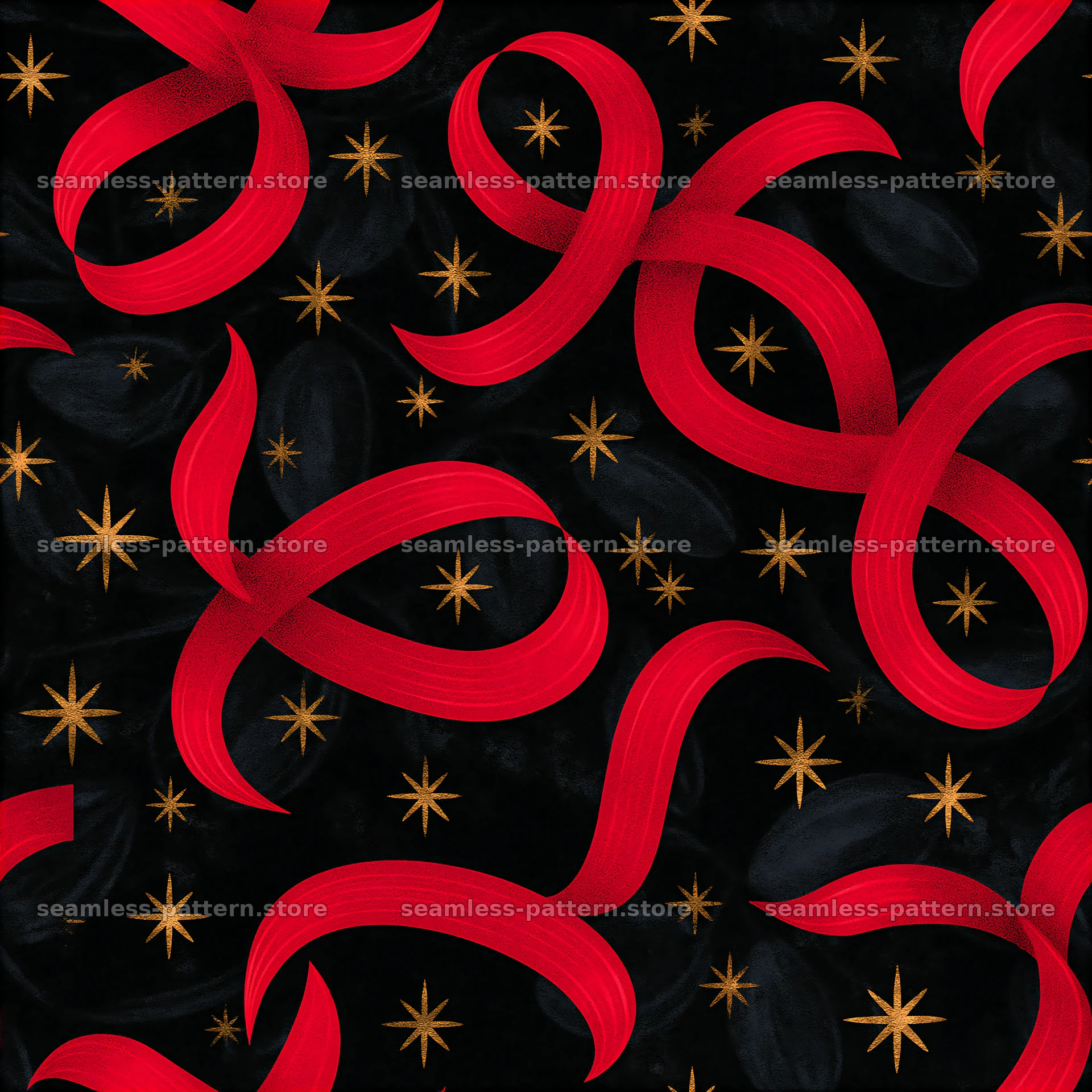 Colorful black red gold tileable pattern with ribbons and stars — seamless tileable pattern at 8192x8192