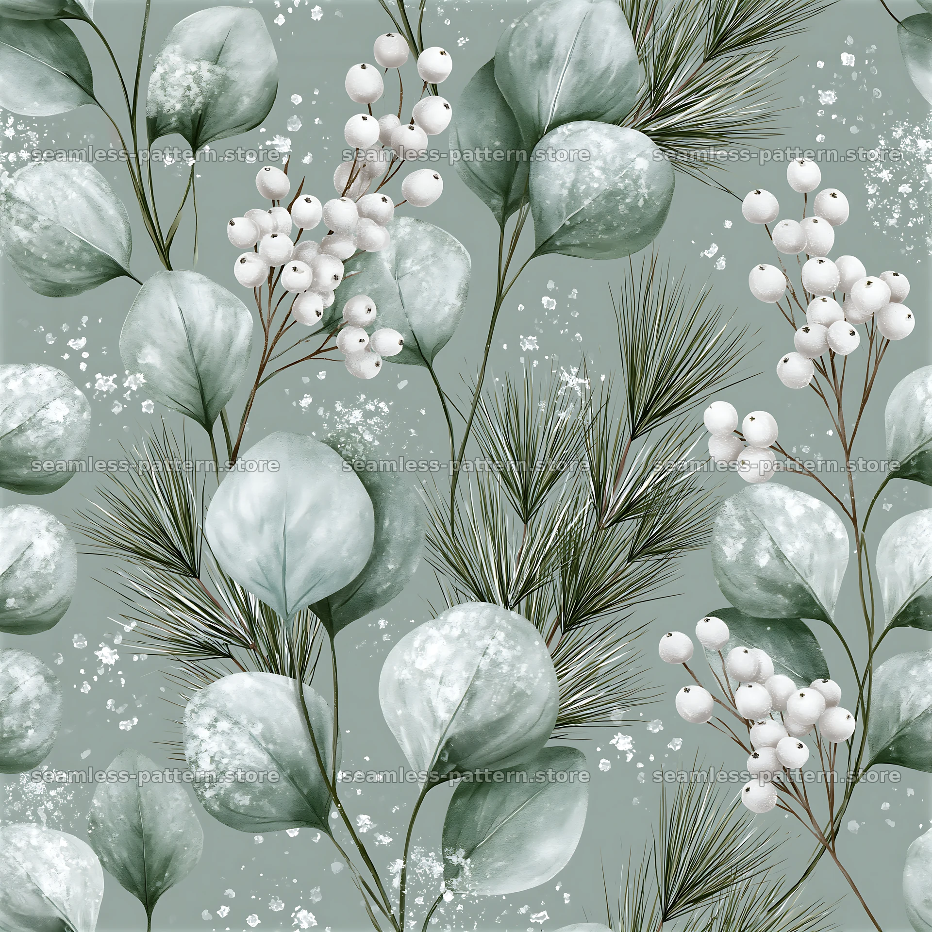Seamless Christmas packaging pattern with winter greenery and berries — seamless tileable pattern at 8192x8192