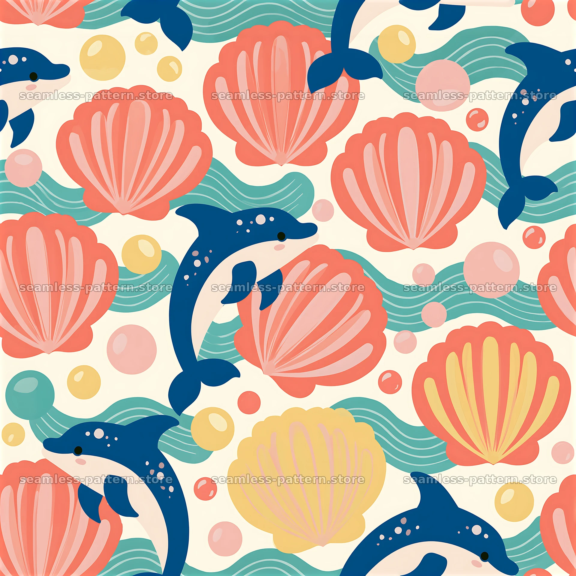 Adorable dolphin seamless pattern for kids featuring shells — seamless tileable pattern at 8192x8192