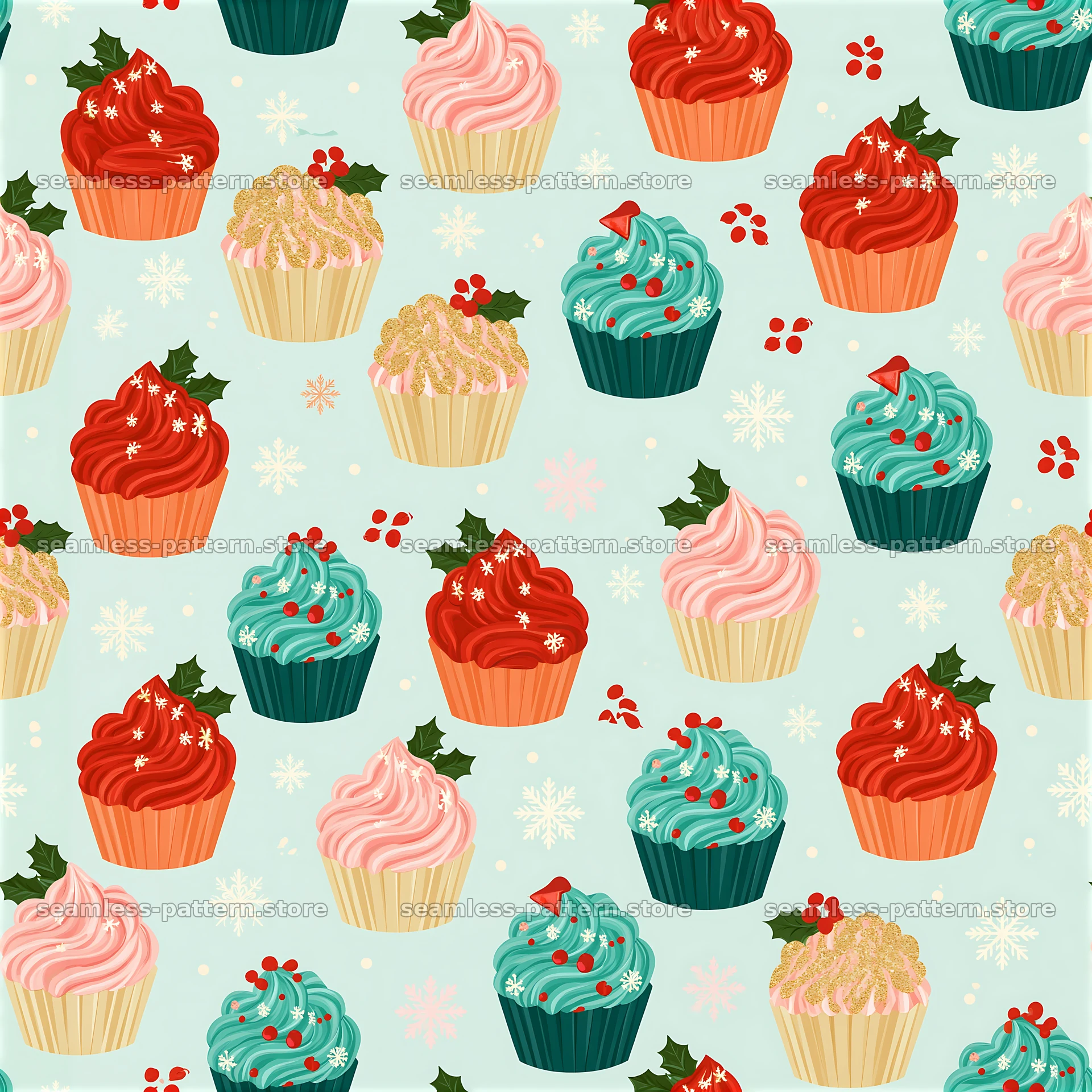 Colorful Christmas seamless pattern with colorful cupcakes — seamless tileable pattern at 8192x8192
