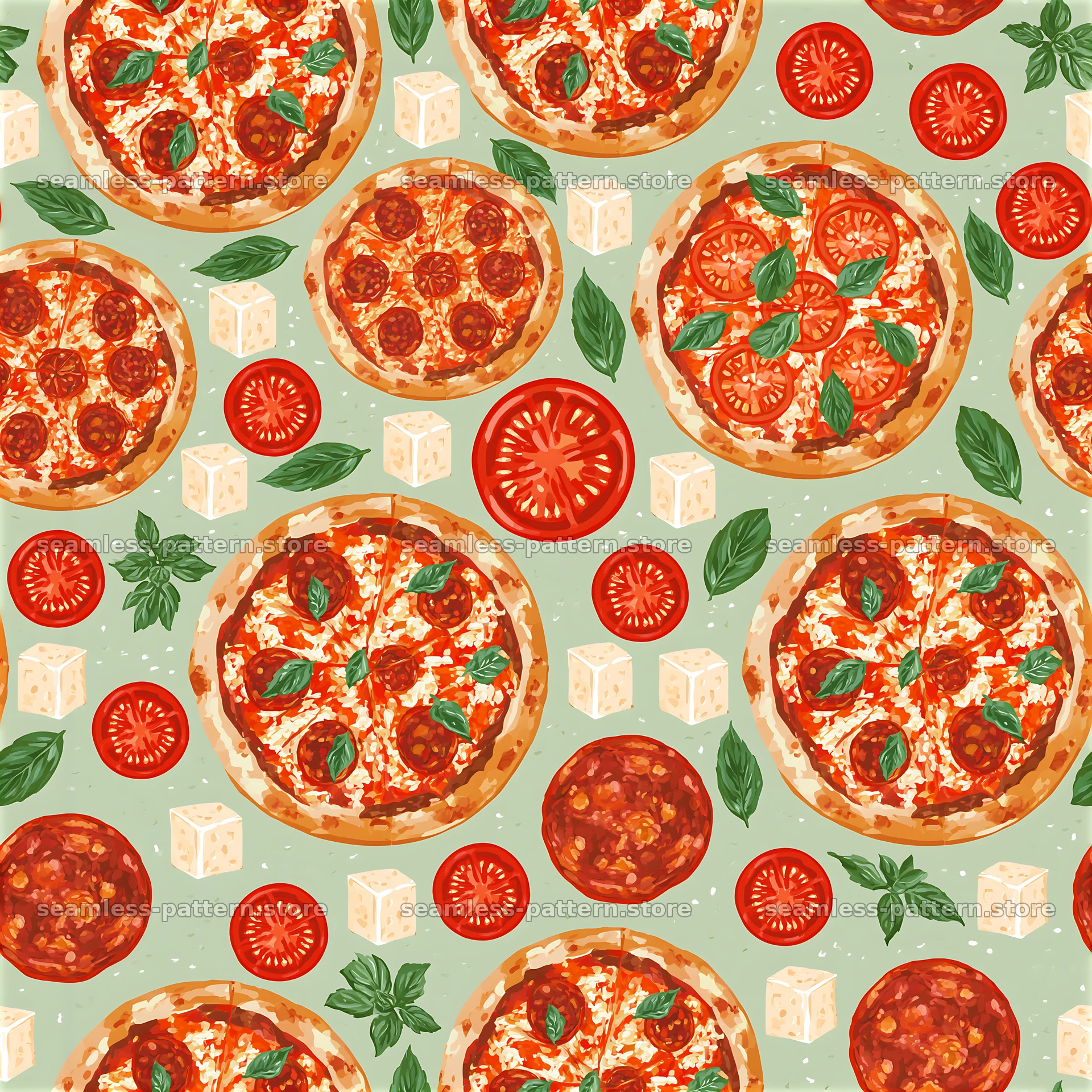 Seamless pizzeria food pattern with pizza, tomatoes, and basil — seamless tileable pattern at 8192x8192