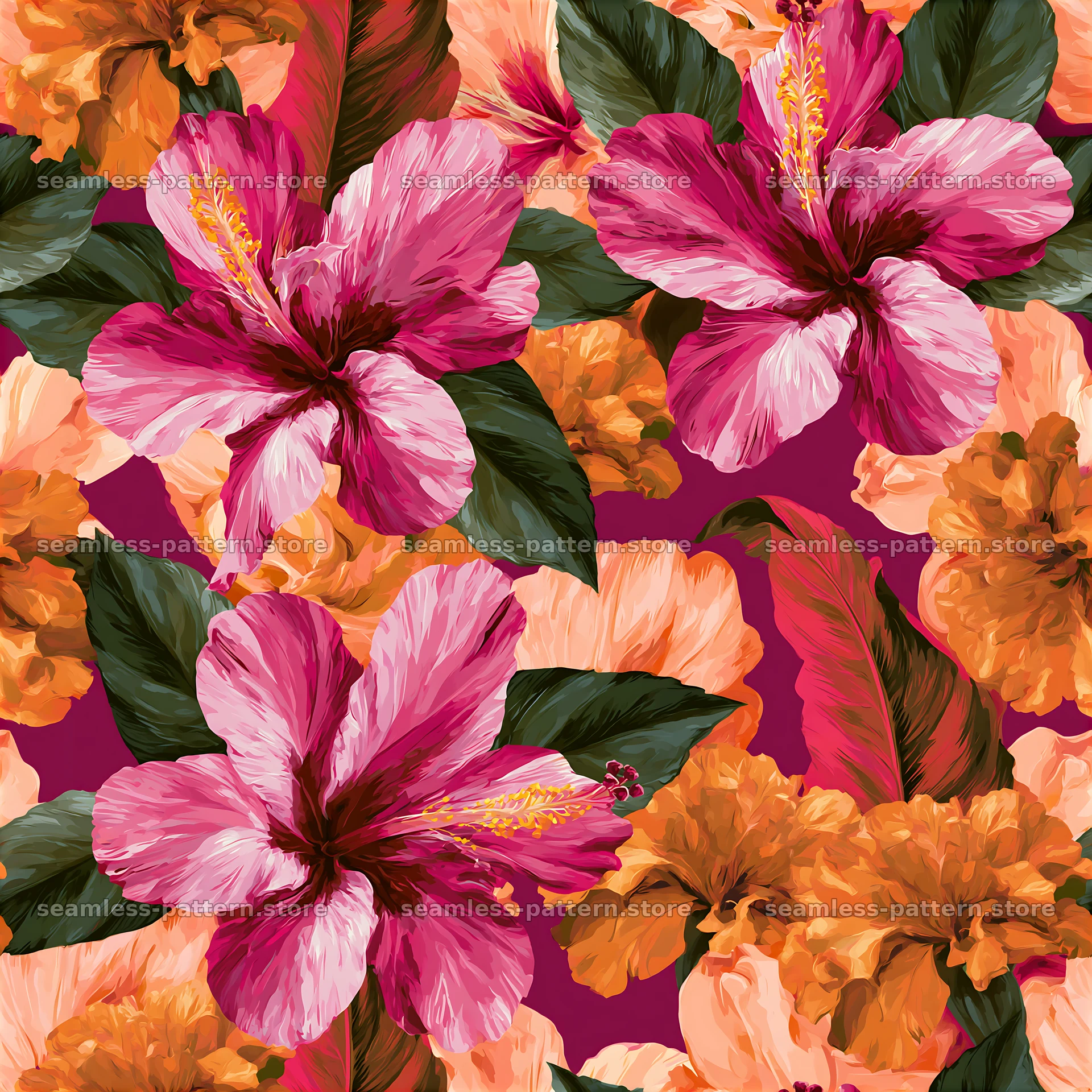 Tropical flower seamless texture pattern with hibiscus and leaves — seamless tileable pattern at 8192x8192