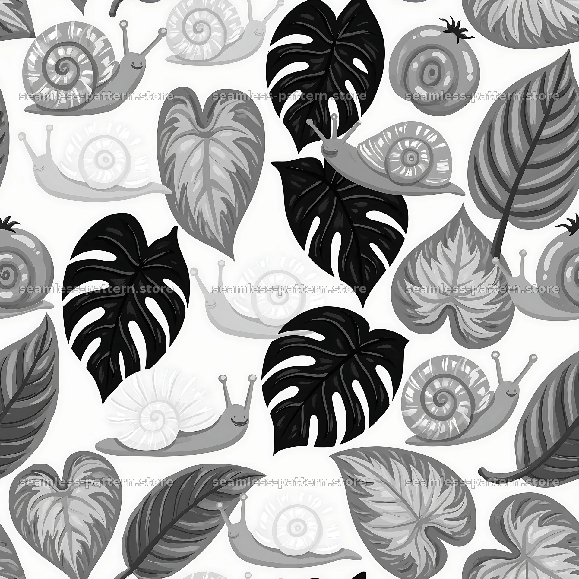 Seamless snail pattern with garden leaves — seamless tileable pattern
