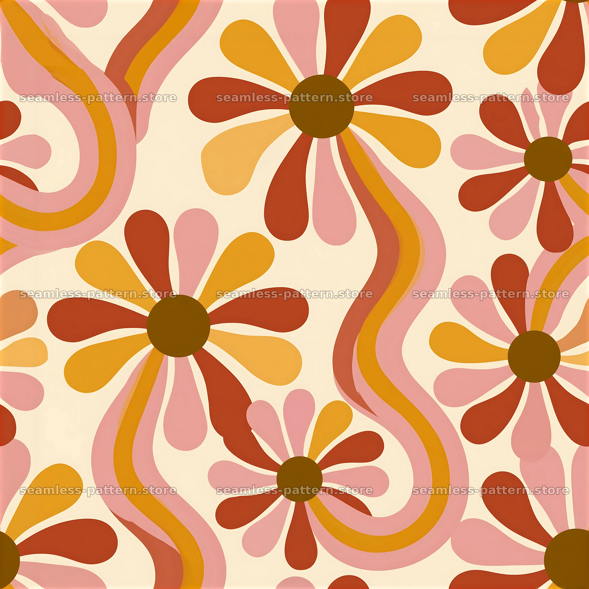 Retro daisies seamless pattern with bright flowers and flowing lines — seamless tileable pattern at 8192x8192