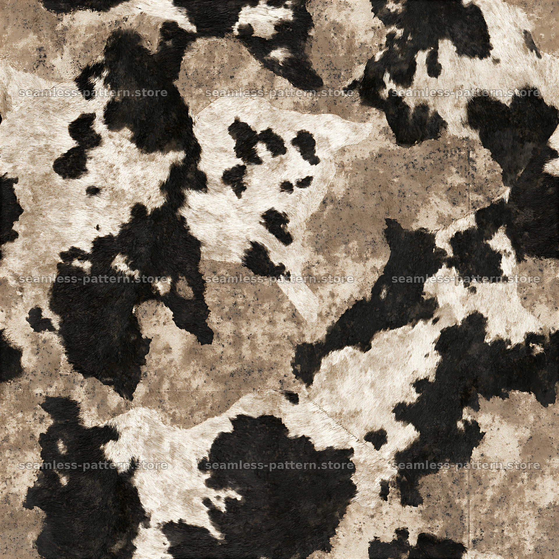 Seamless abstract cowhide texture with black and white patterns — seamless tileable pattern at 8192x8192