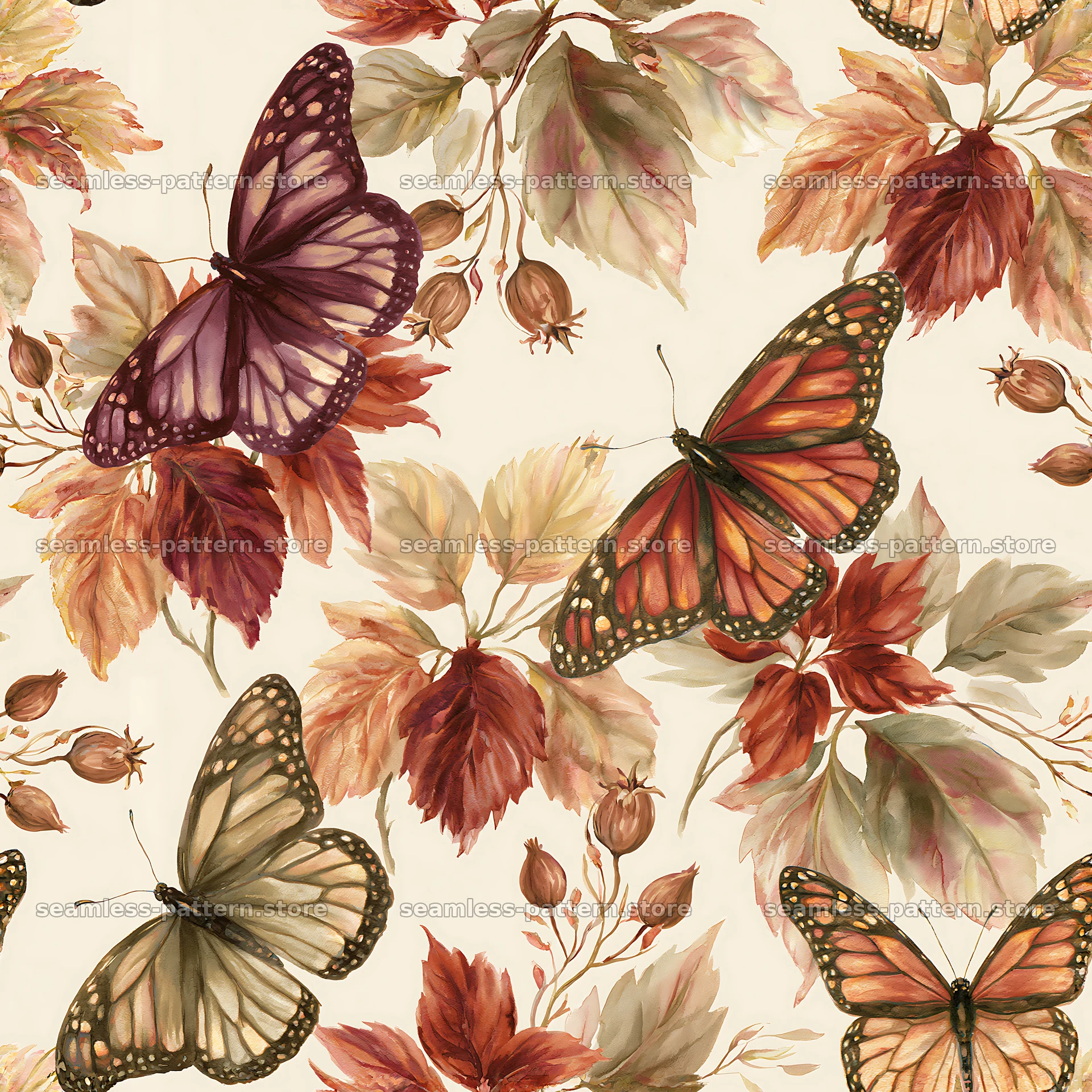 Watercolor butterfly seamless pattern with leaves — seamless tileable pattern