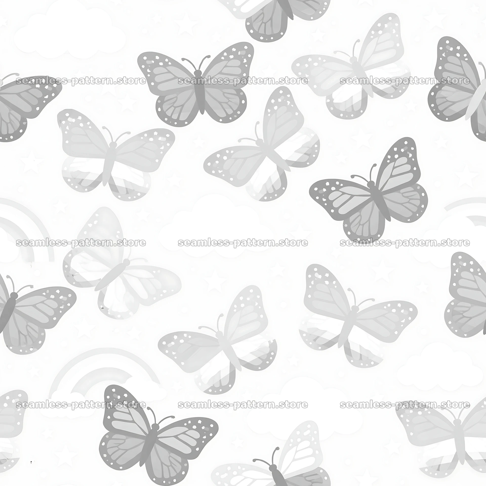 Kawaii butterfly seamless pattern in light gray tones — seamless tileable pattern