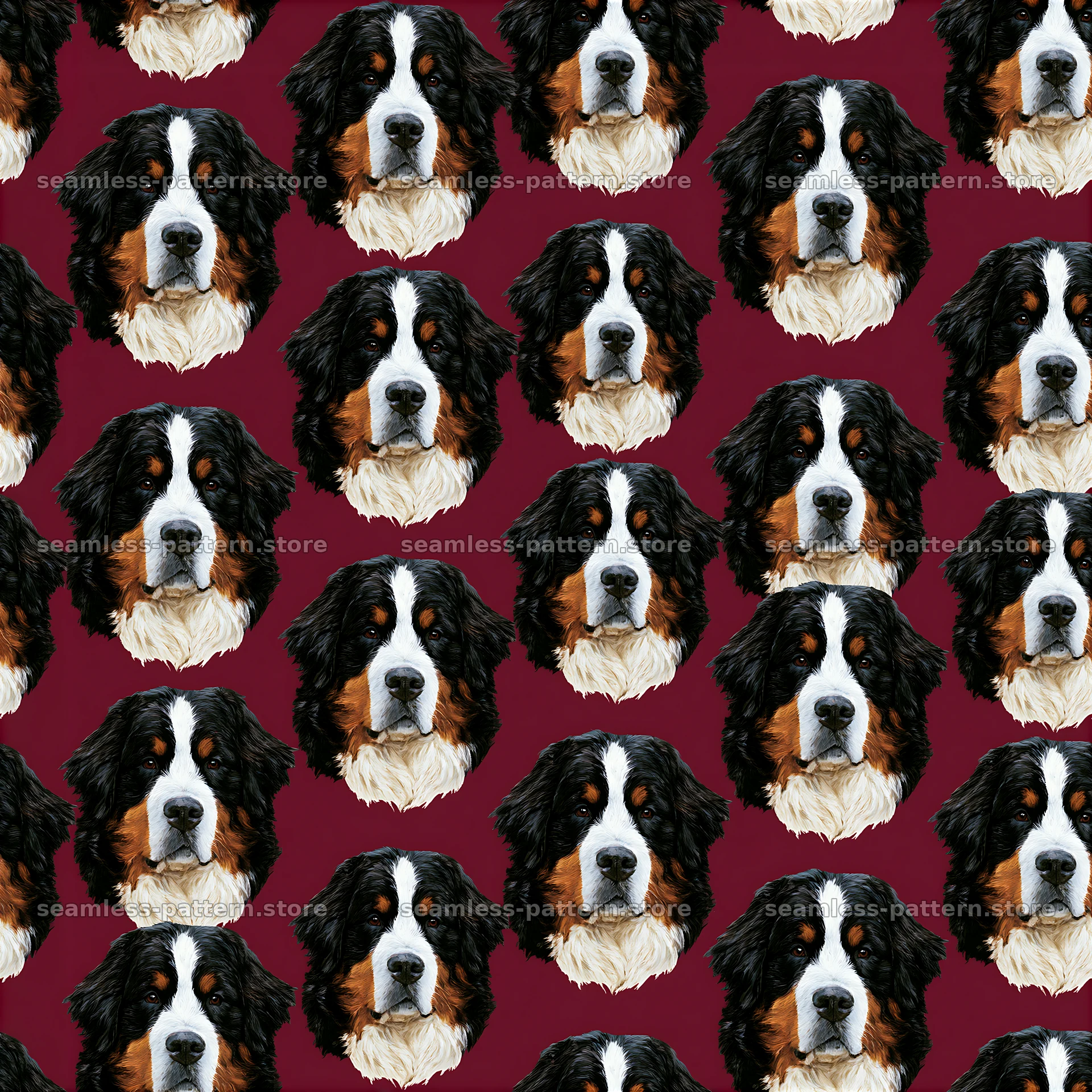 Repeat pattern with realistic dog portraits on a burgundy background — seamless tileable pattern at 8192x8192
