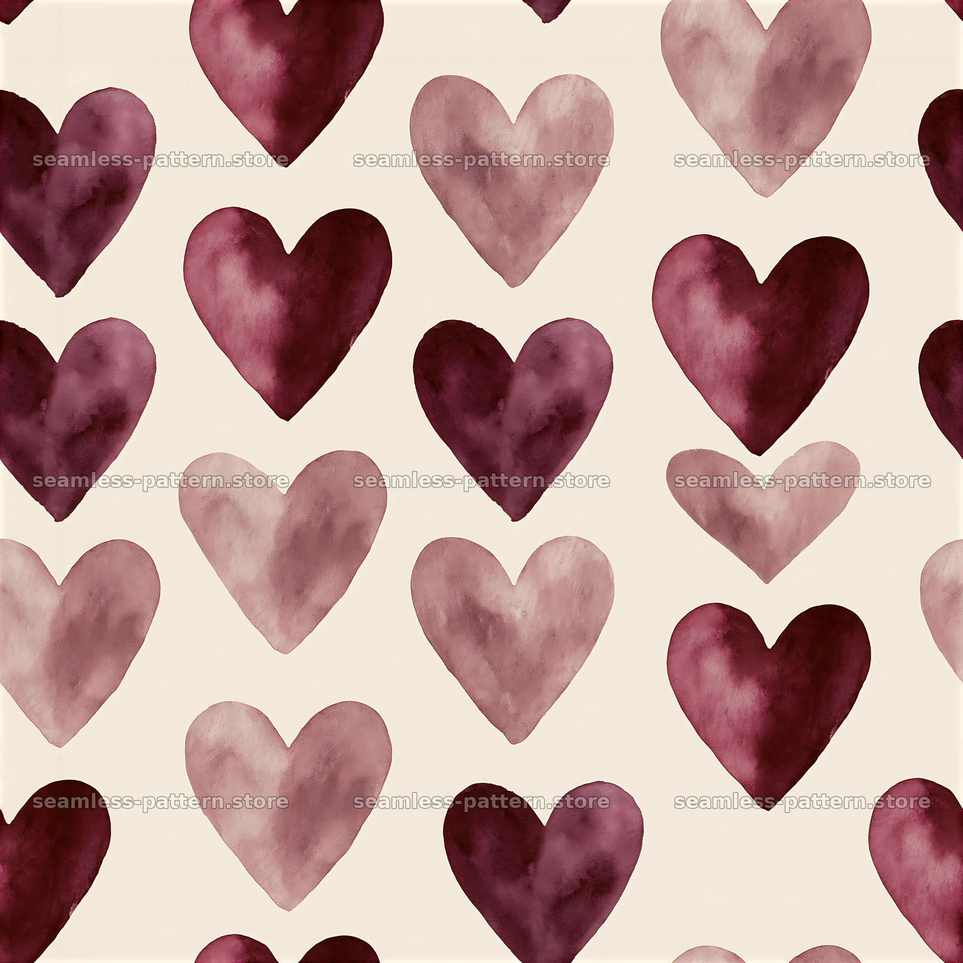 Watercolor hearts seamless pattern in shades of red and pink — seamless tileable pattern at 8192x8192