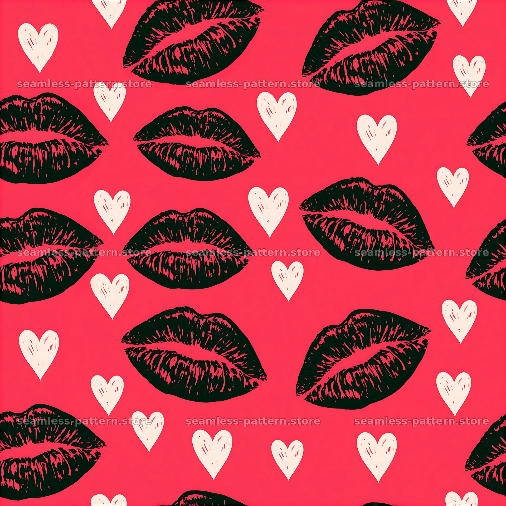 Repeat pattern with glossy lipstick prints and hearts on bright red background — seamless tileable pattern at 8192x8192