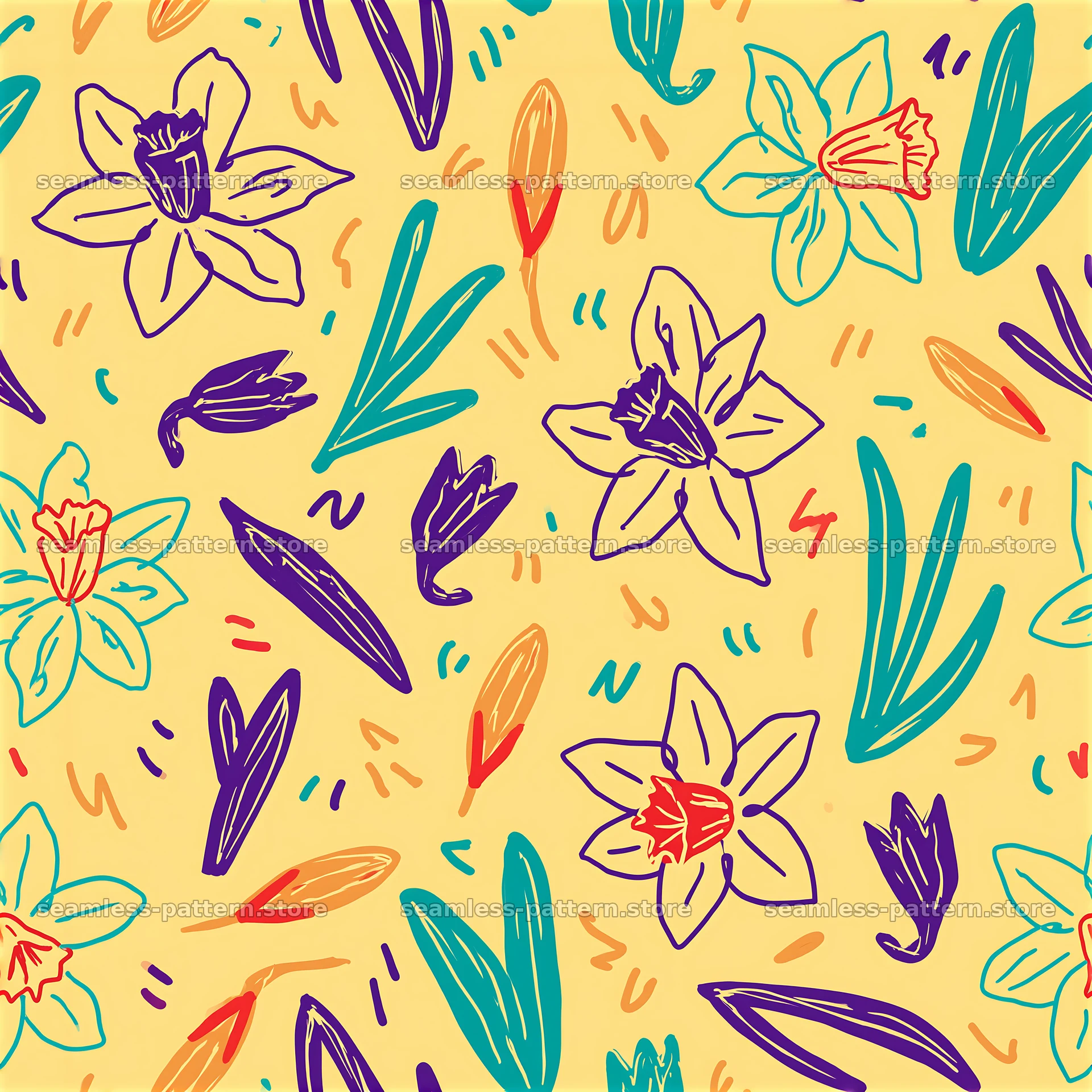 Funky floral doodles seamless pattern on yellow background — seamless tileable pattern at 8192x8192