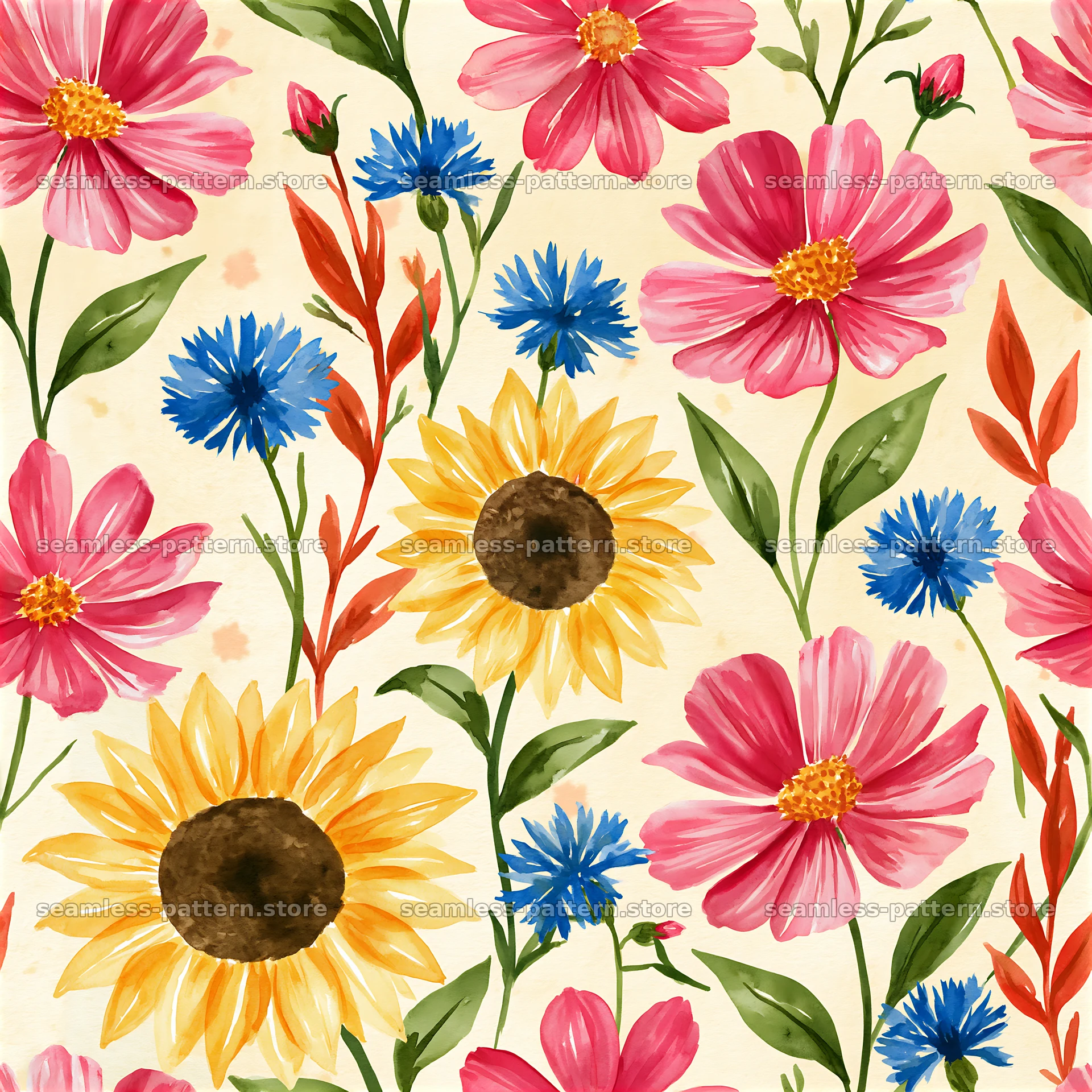Colorful watercolor blooms seamless pattern on light background — seamless tileable pattern at 8192x8192