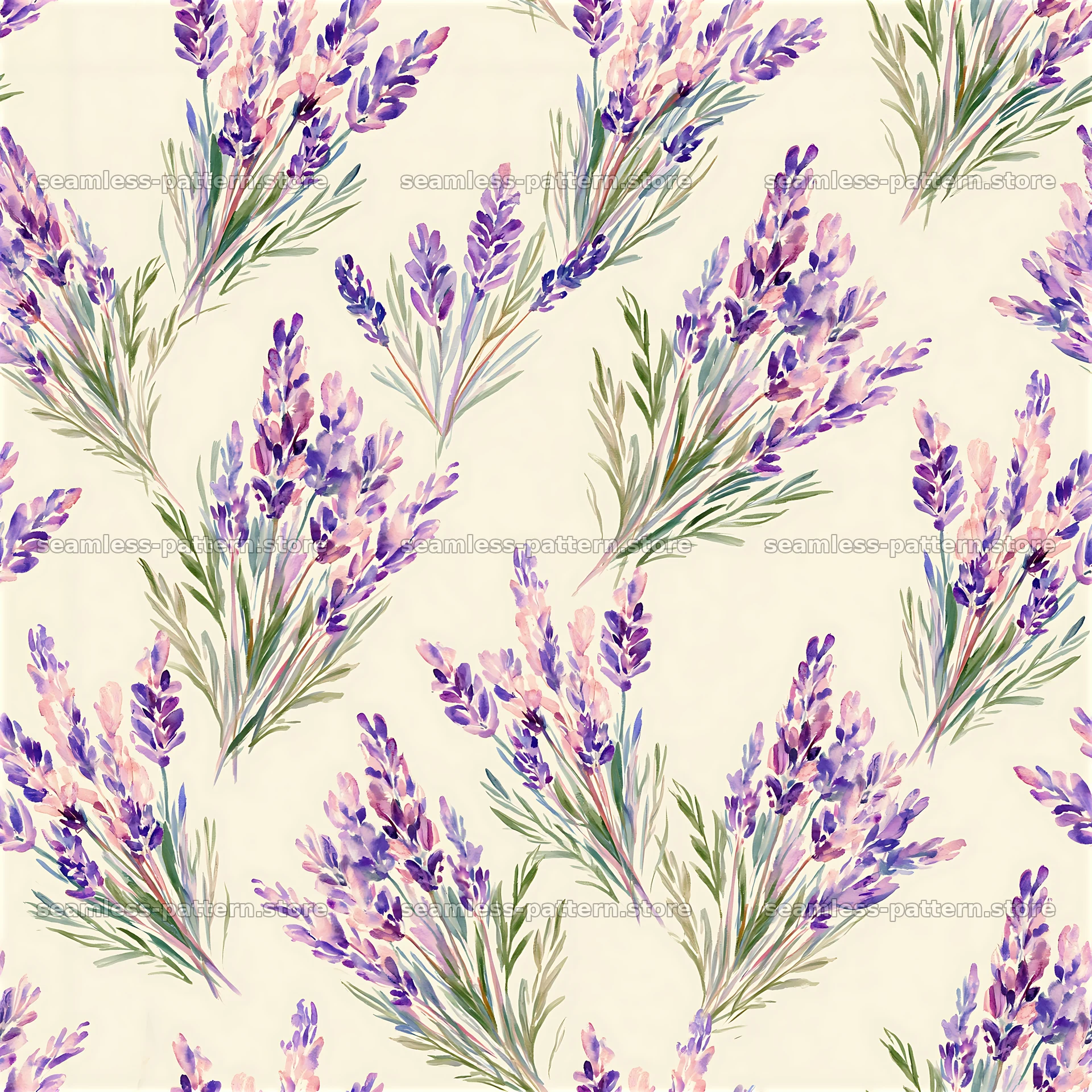 Seamless watercolor lavender pattern with lightly hued flowers and green stems — seamless tileable pattern at 8192x8192
