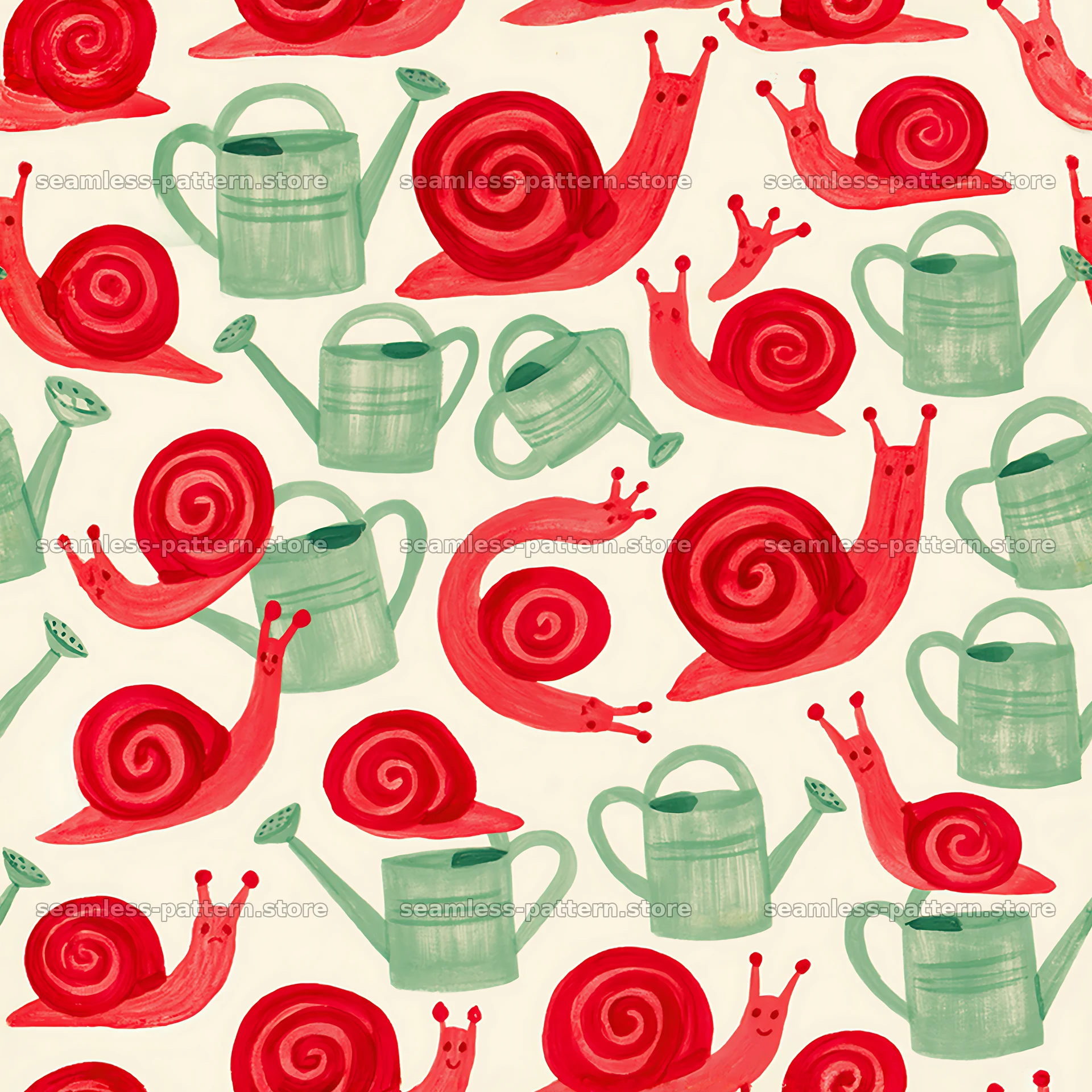 Seamless red snail pattern with watering cans — seamless tileable pattern