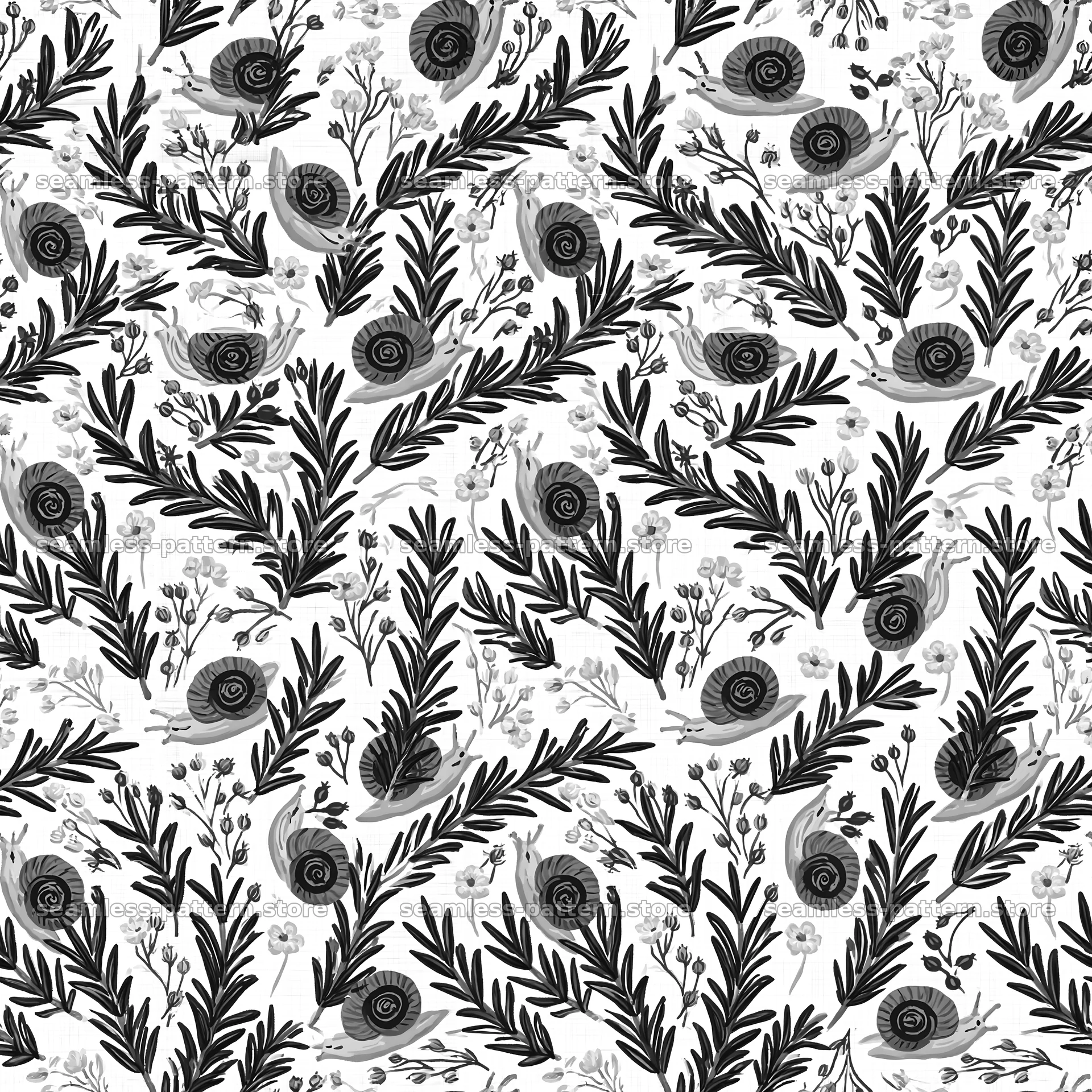 Red snail botanical repeat pattern for fabric and wallpaper — seamless tileable pattern