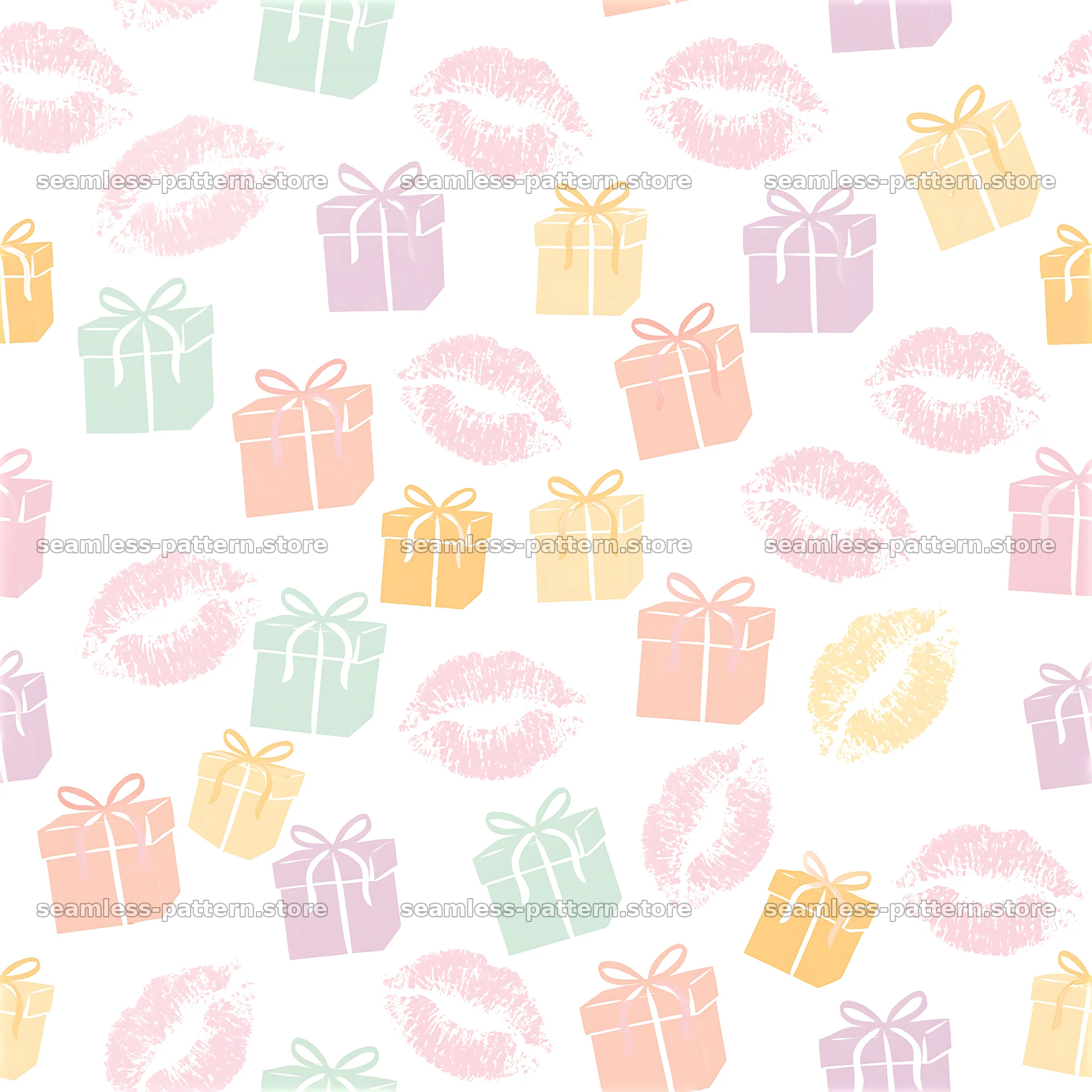 Seamless pattern of kiss prints with colorful gift boxes on white background — seamless tileable pattern at 8192x8192