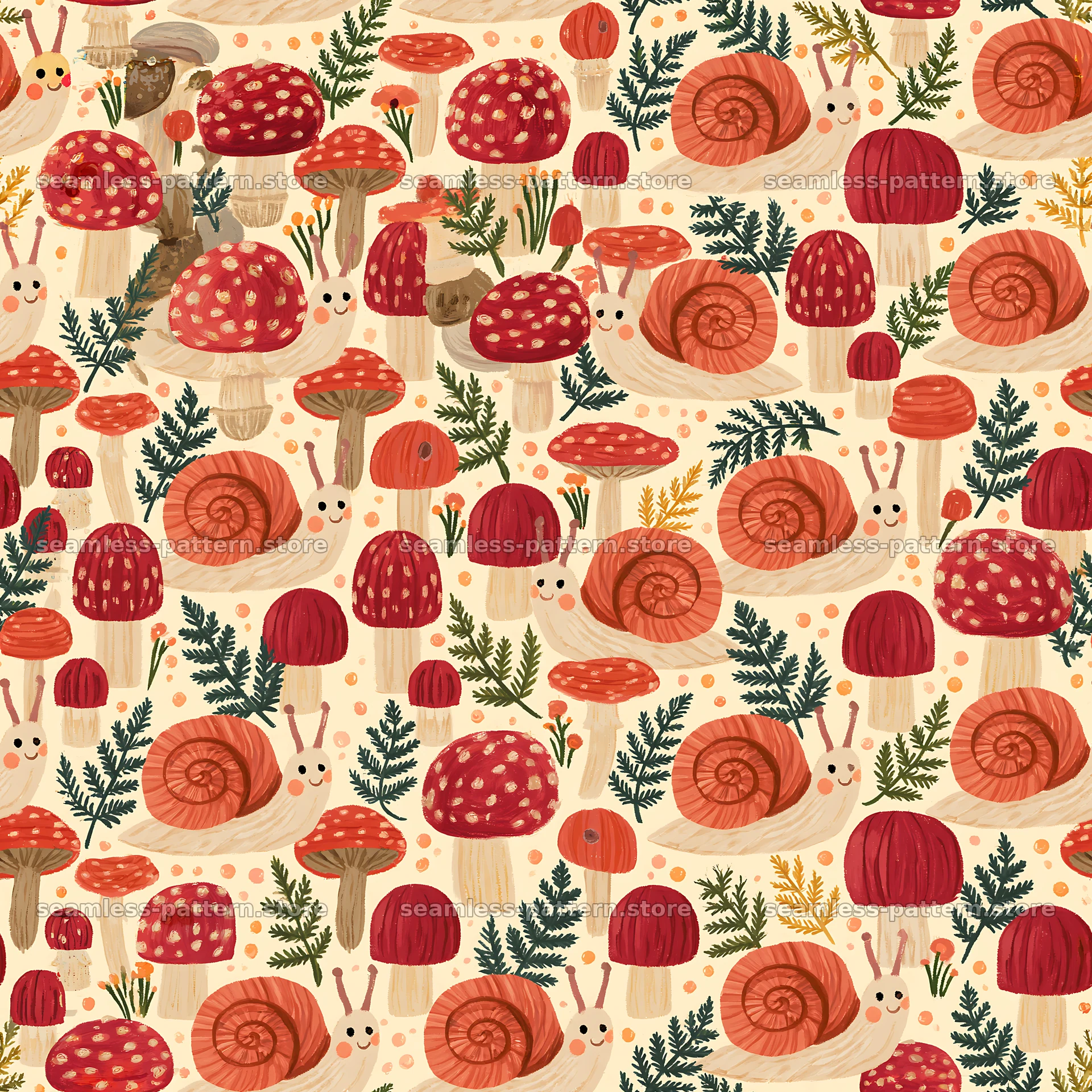 Seamless pattern featuring cute snails and mushrooms — seamless tileable pattern
