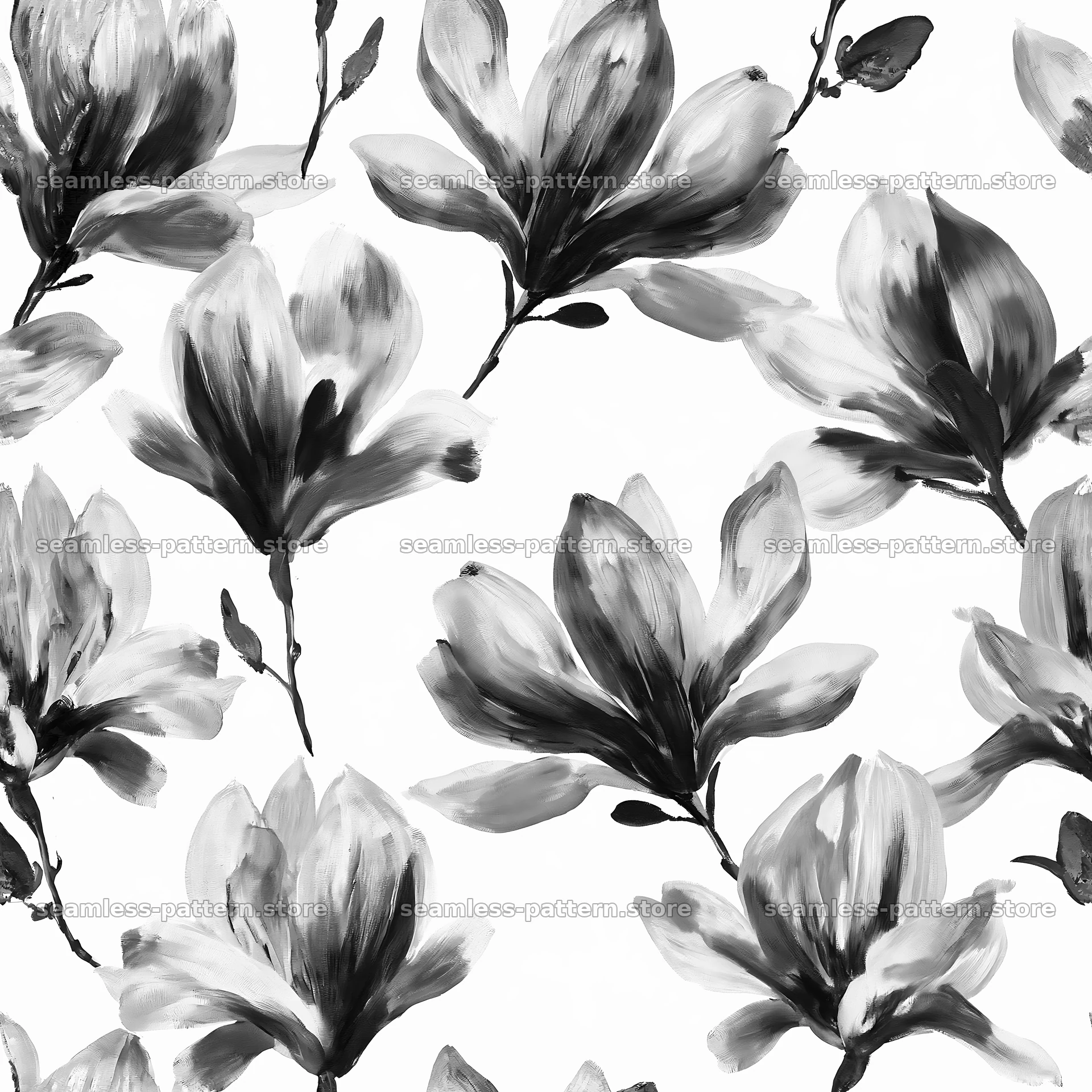 Modern flower brushstroke seamless pattern in black and white — seamless tileable pattern