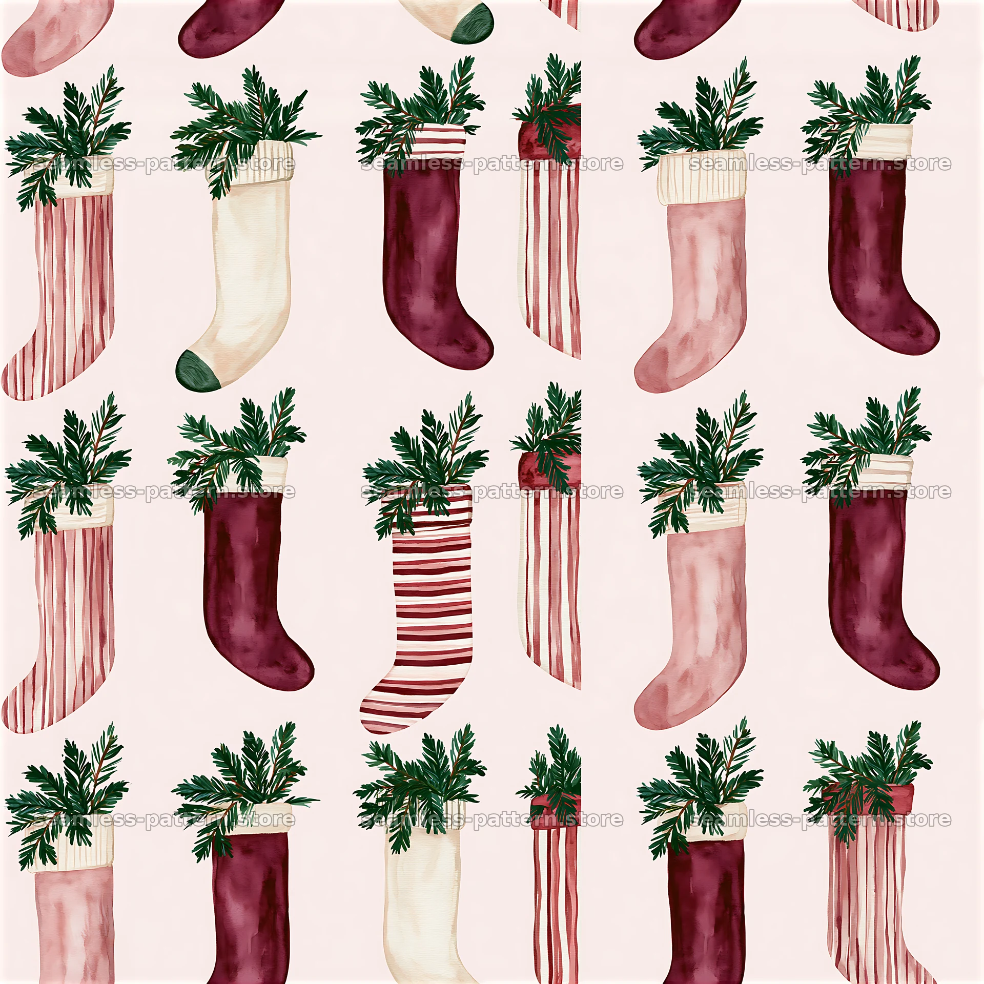 Cheerful holiday stockings seamless pattern with greenery and festive colors — seamless tileable pattern at 8192x8192