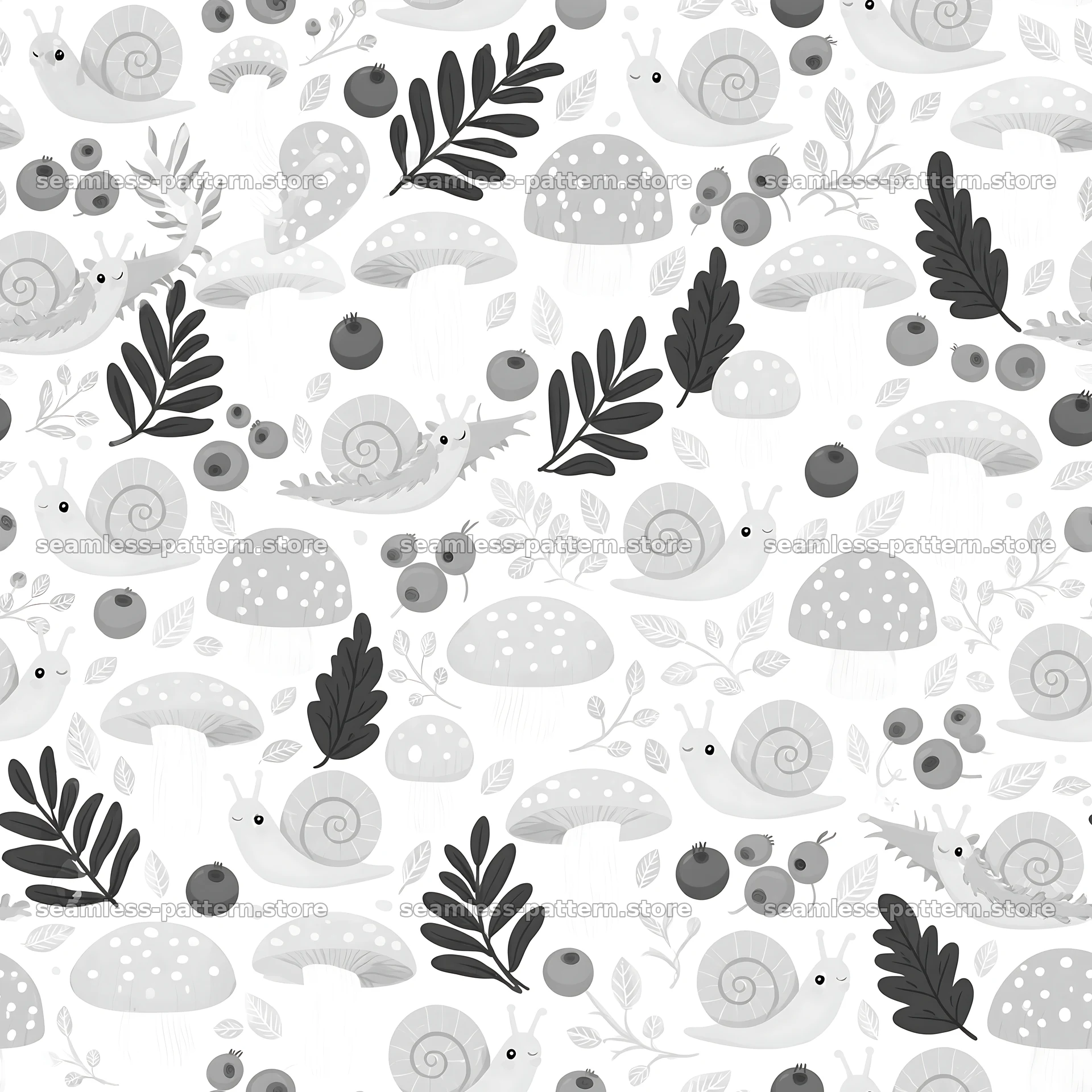 Seamless texture featuring cute snails and mushrooms — seamless tileable pattern