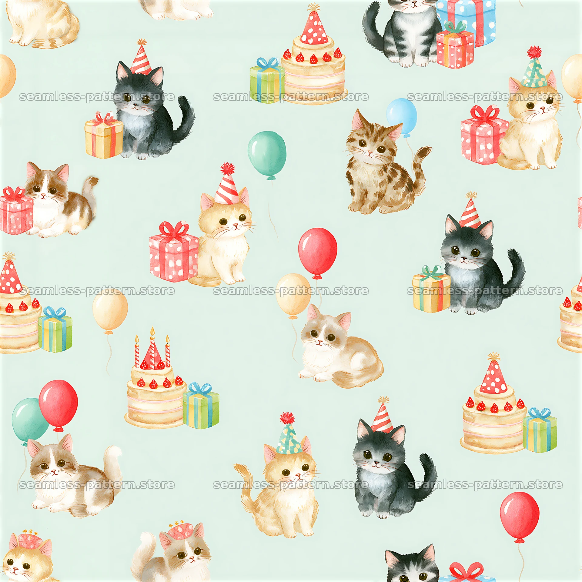 Birthday kittens seamless pattern with gifts and balloons — seamless tileable pattern at 8192x8192