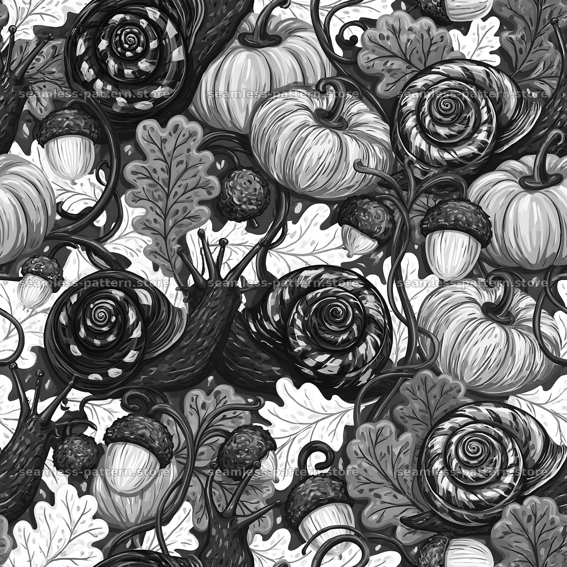 Repeating pattern of hand-drawn snails with acorns and pumpkins — seamless tileable pattern
