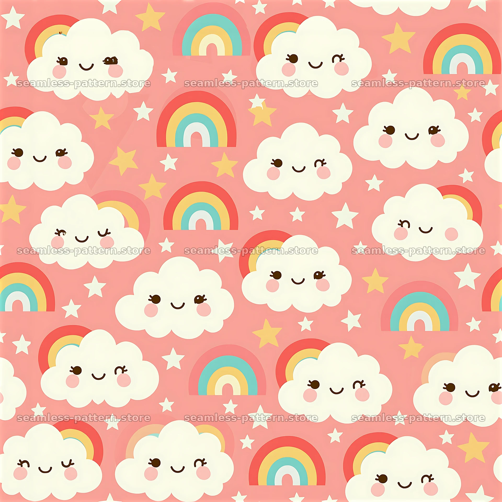 Happy cloud seamless pattern for kids with rainbows and stars — seamless tileable pattern at 8192x8192