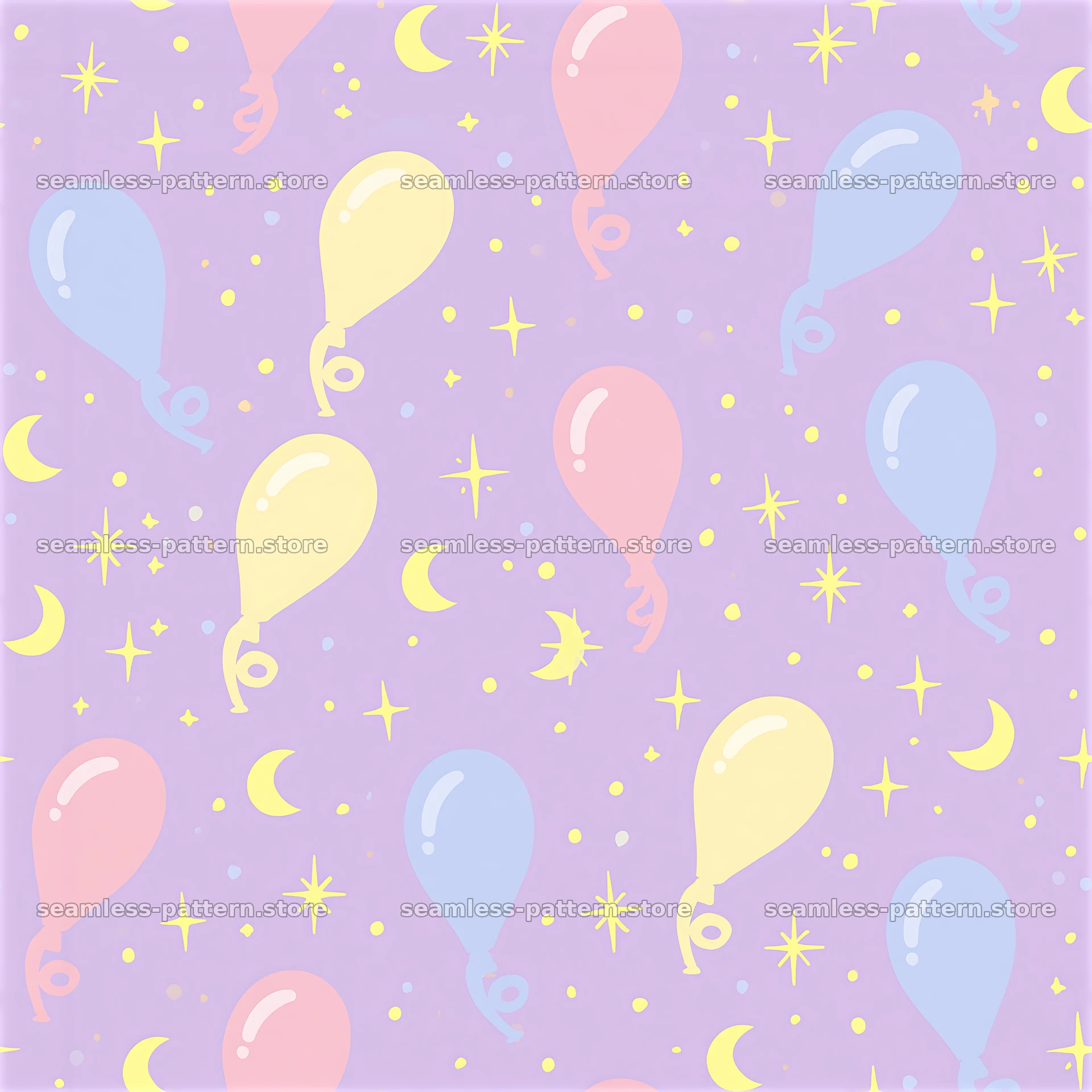 Seamless pattern of cute balloons and confetti on purple background — seamless tileable pattern at 8192x8192