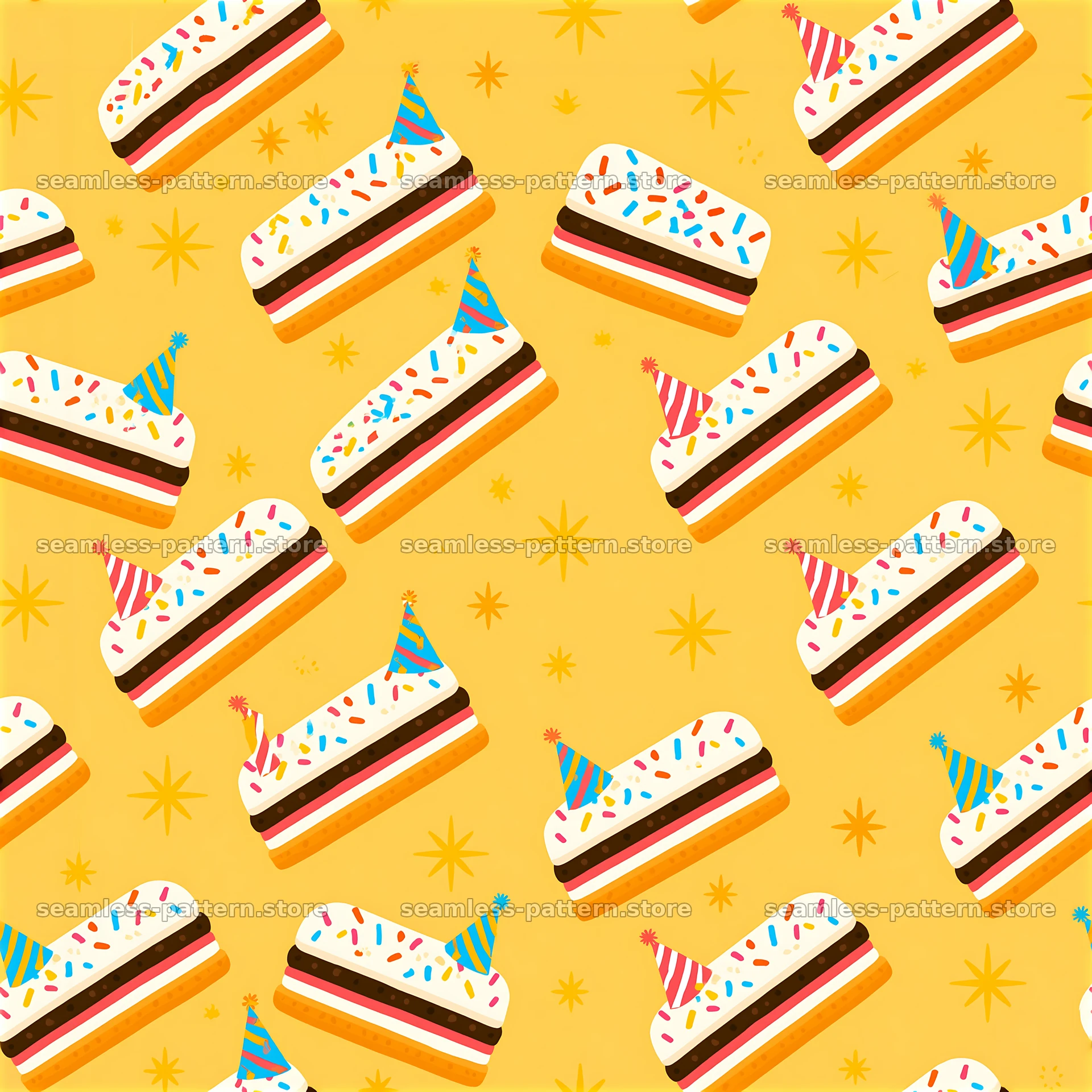 Birthday ice cream seamless pattern with colorful desserts and hats — seamless tileable pattern at 8192x8192