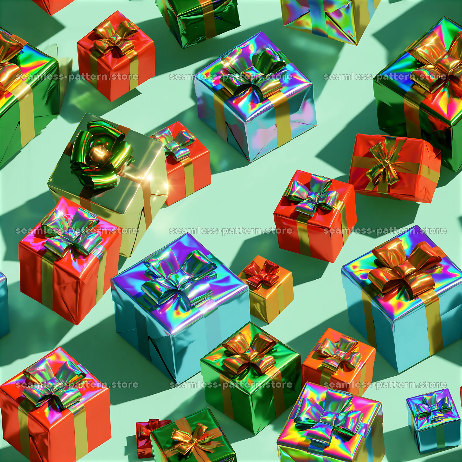 Tileable pattern of festive presents with metallic ribbons — seamless tileable pattern at 8192x8192