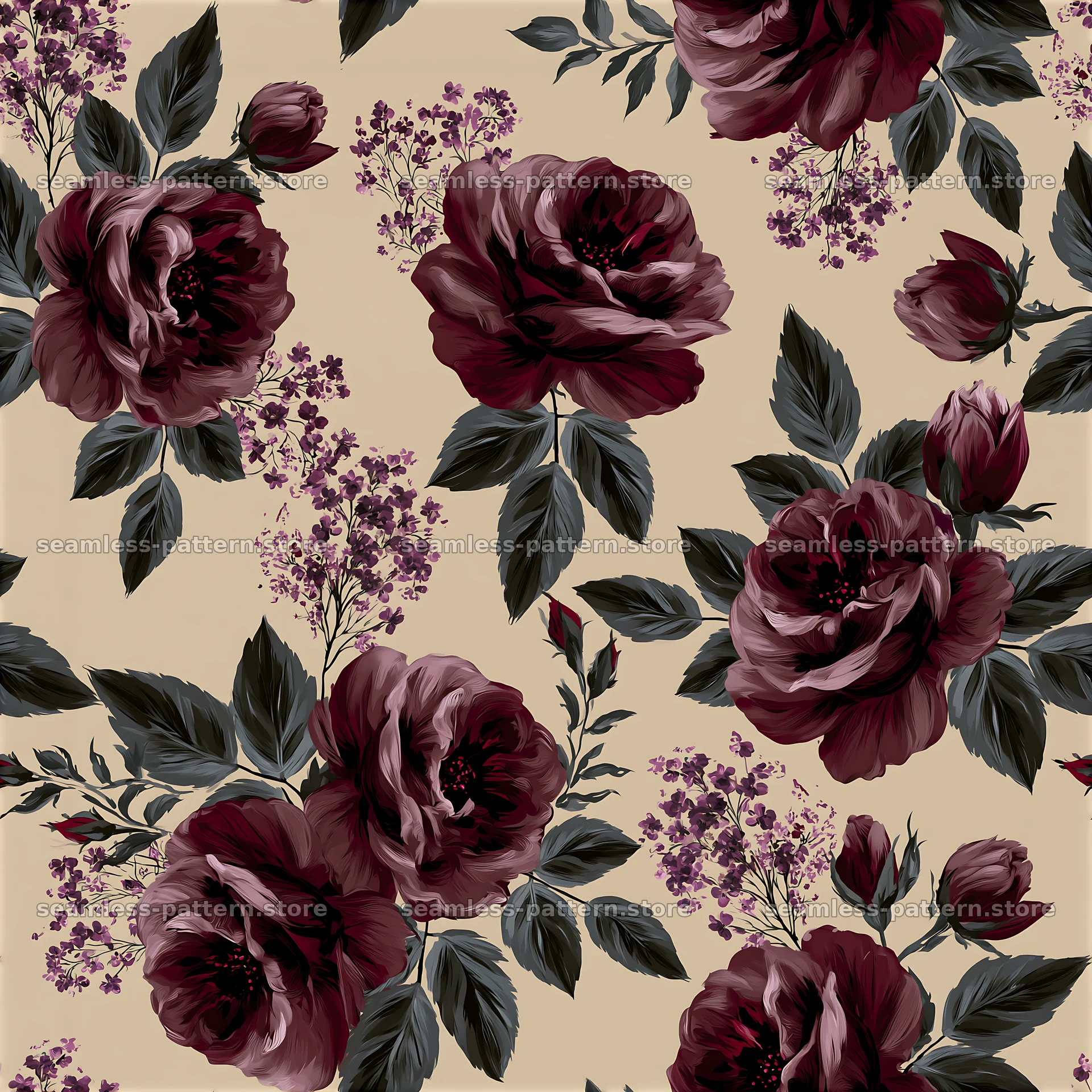 Romantic roses seamless pattern with dark flowers and light background — seamless tileable pattern at 8192x8192