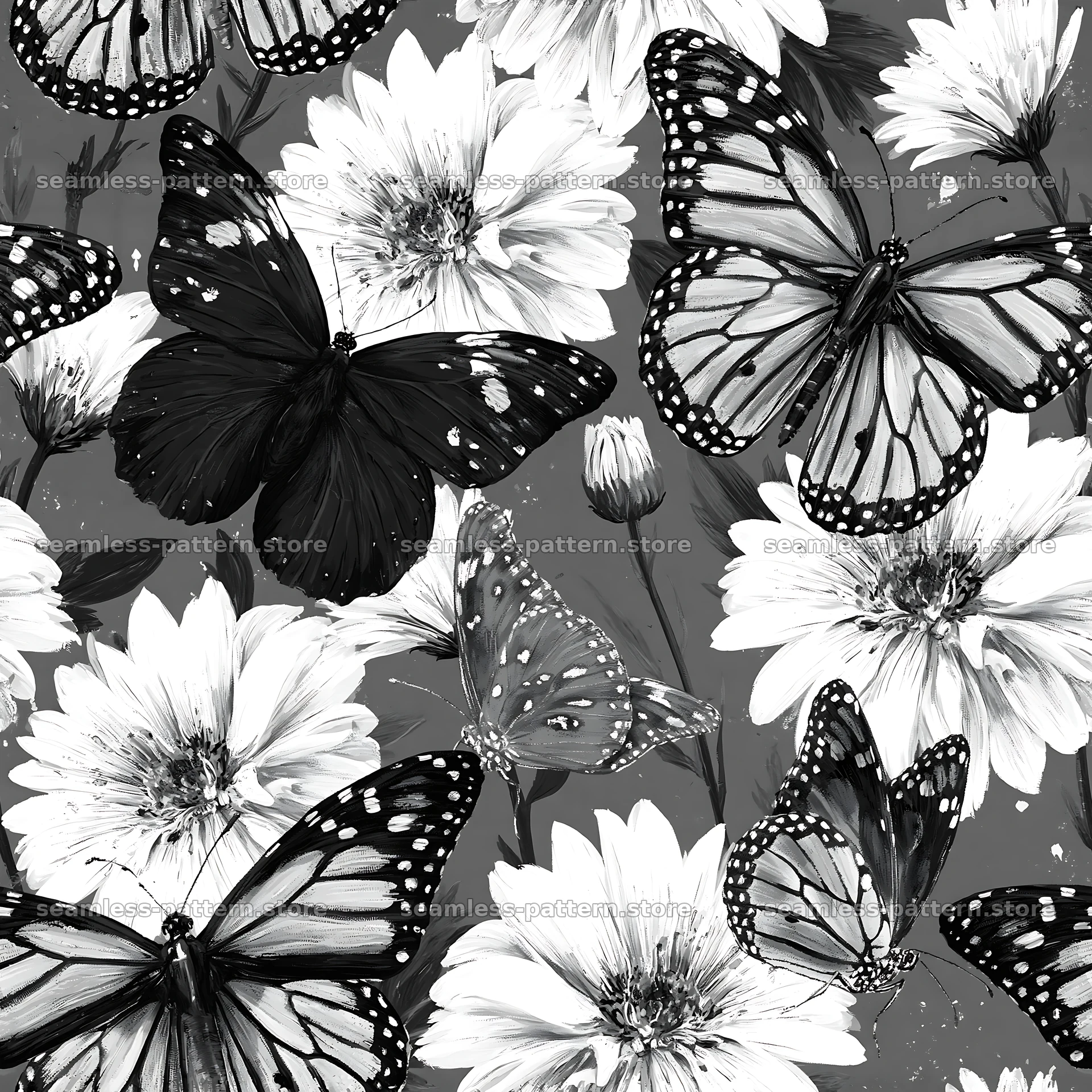 Butterfly and daisy seamless pattern in black and white — seamless tileable pattern