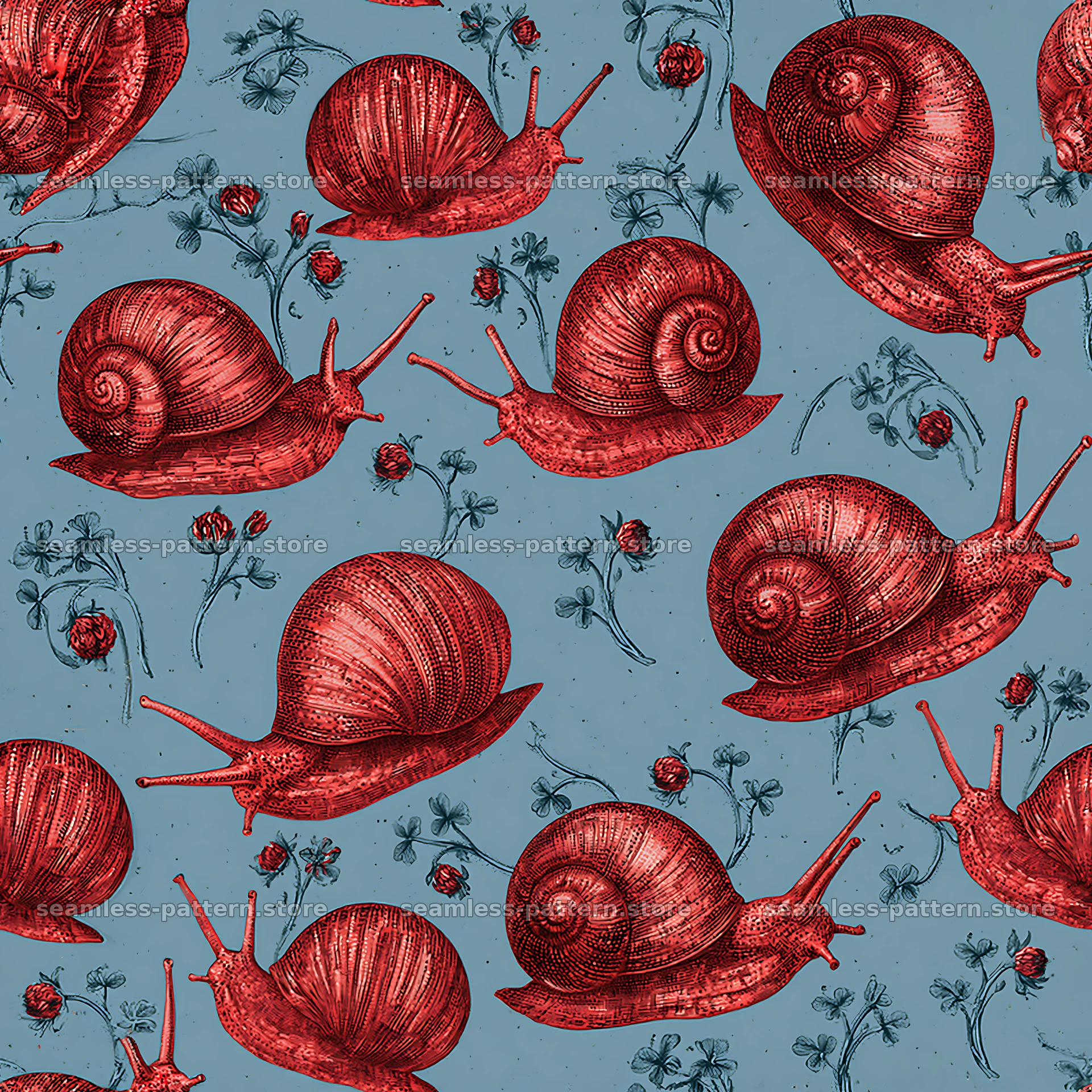 Red snail seamless pattern on blue background — seamless tileable pattern