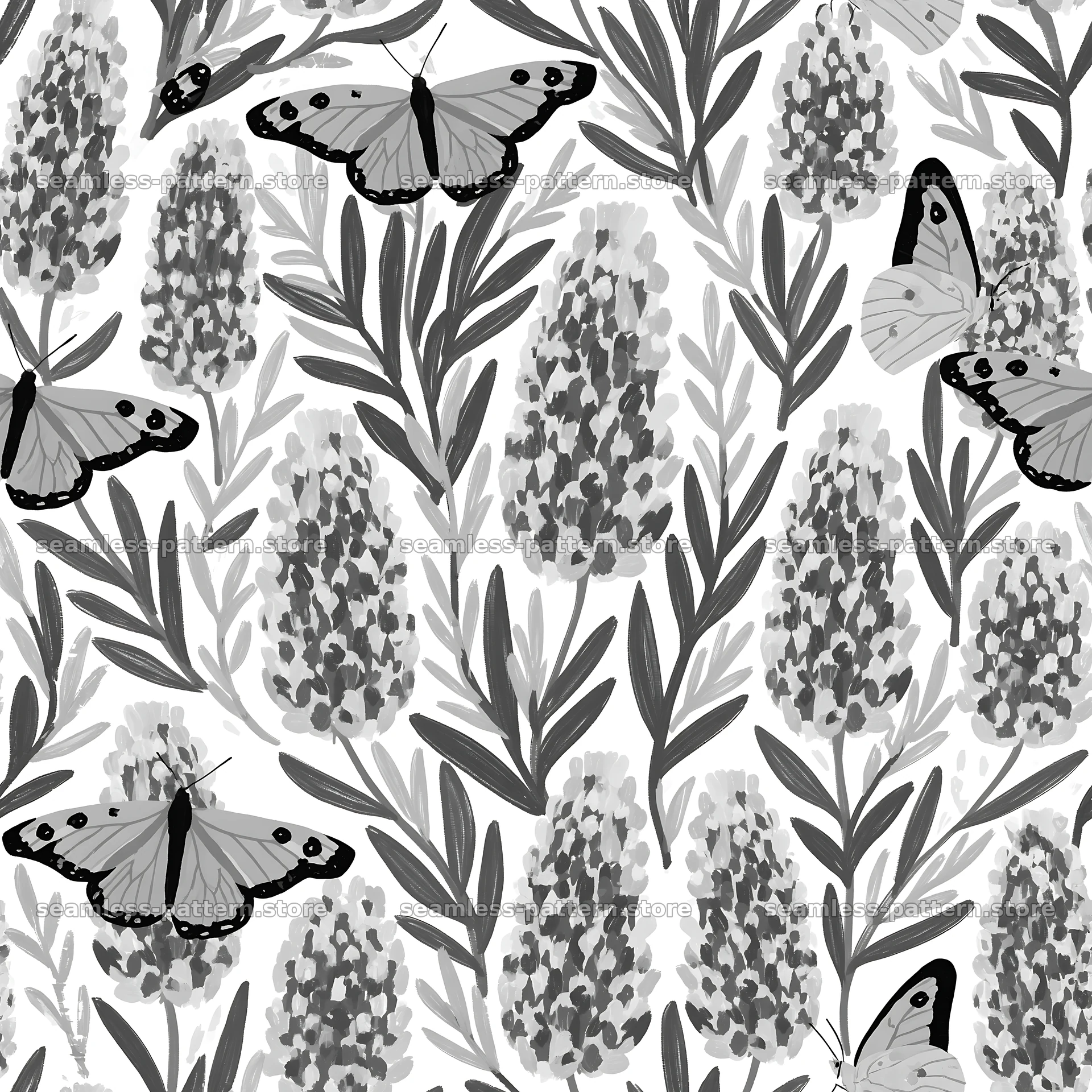 Butterfly and lavender seamless pattern design in black and white — seamless tileable pattern