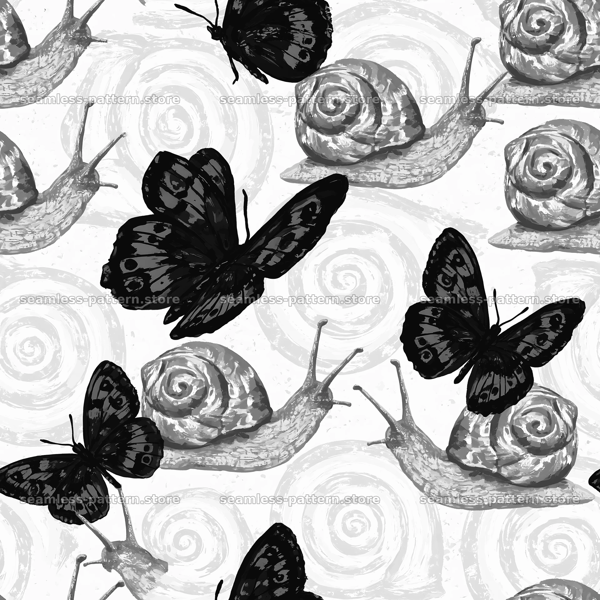 Red snail pattern with butterflies, repeating pattern — seamless tileable pattern