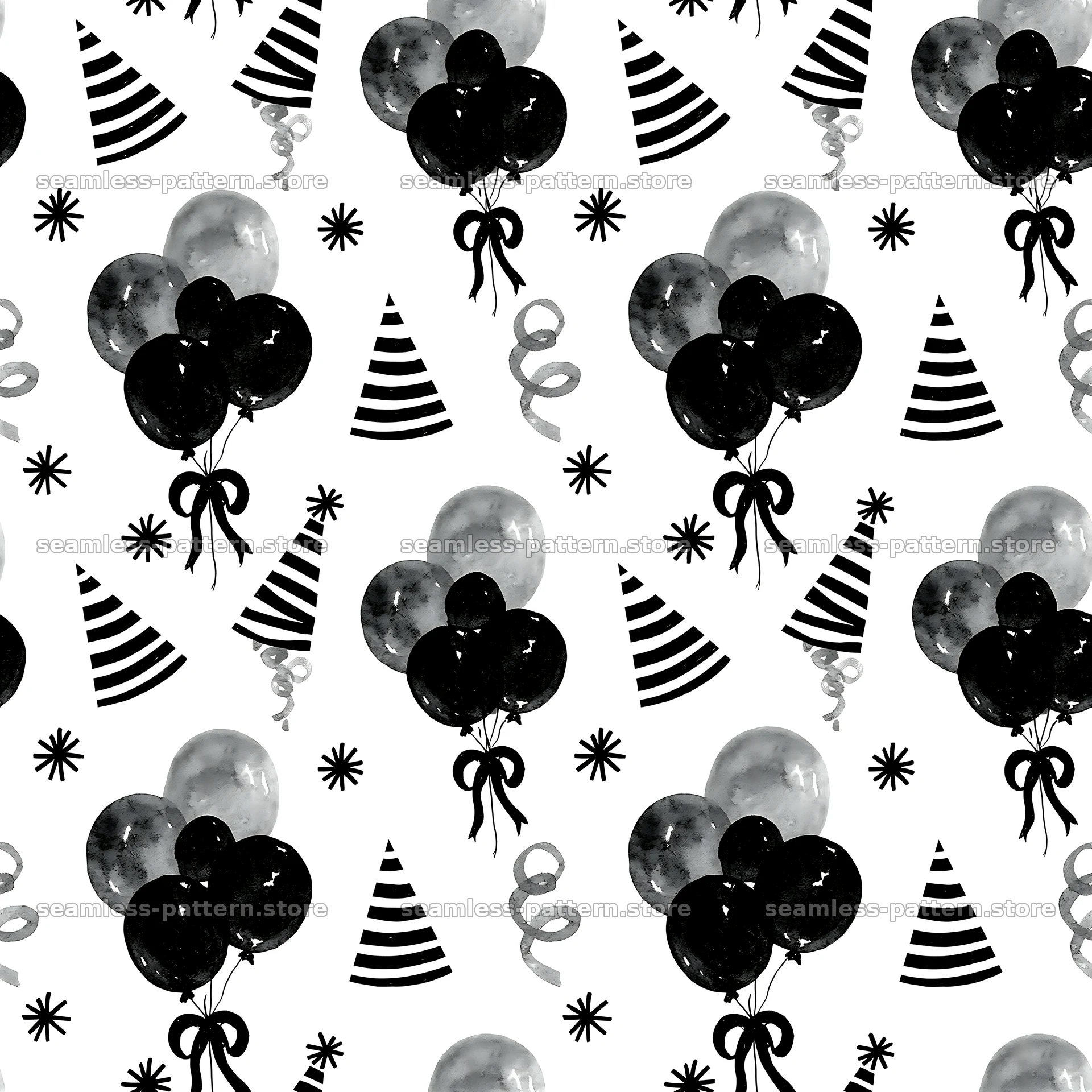 Birthday black and white seamless pattern with balloons and party hats — seamless tileable pattern at 8192x8192