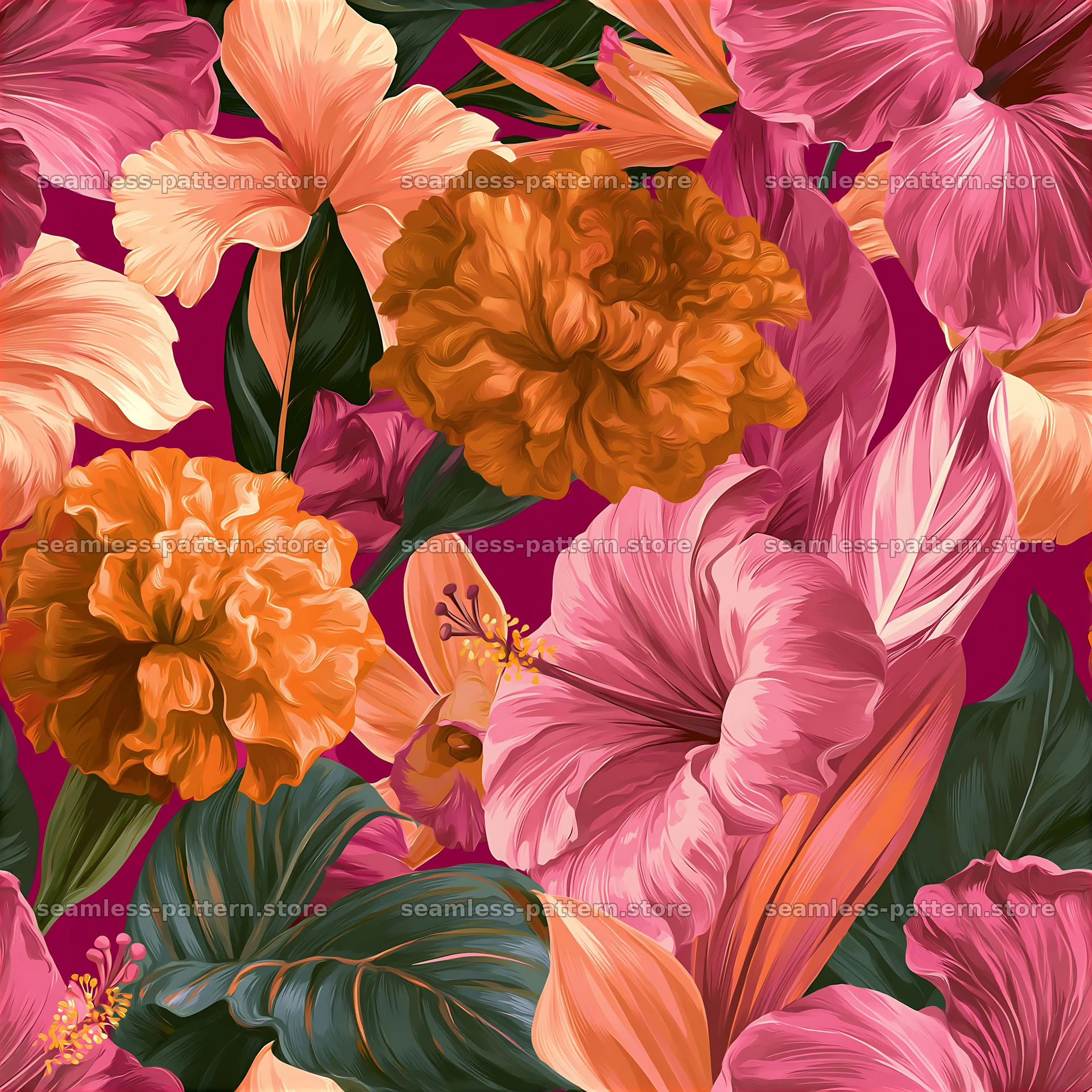 Tropical flower seamless texture with vibrant hues of pink and orange — seamless tileable pattern at 8192x8192