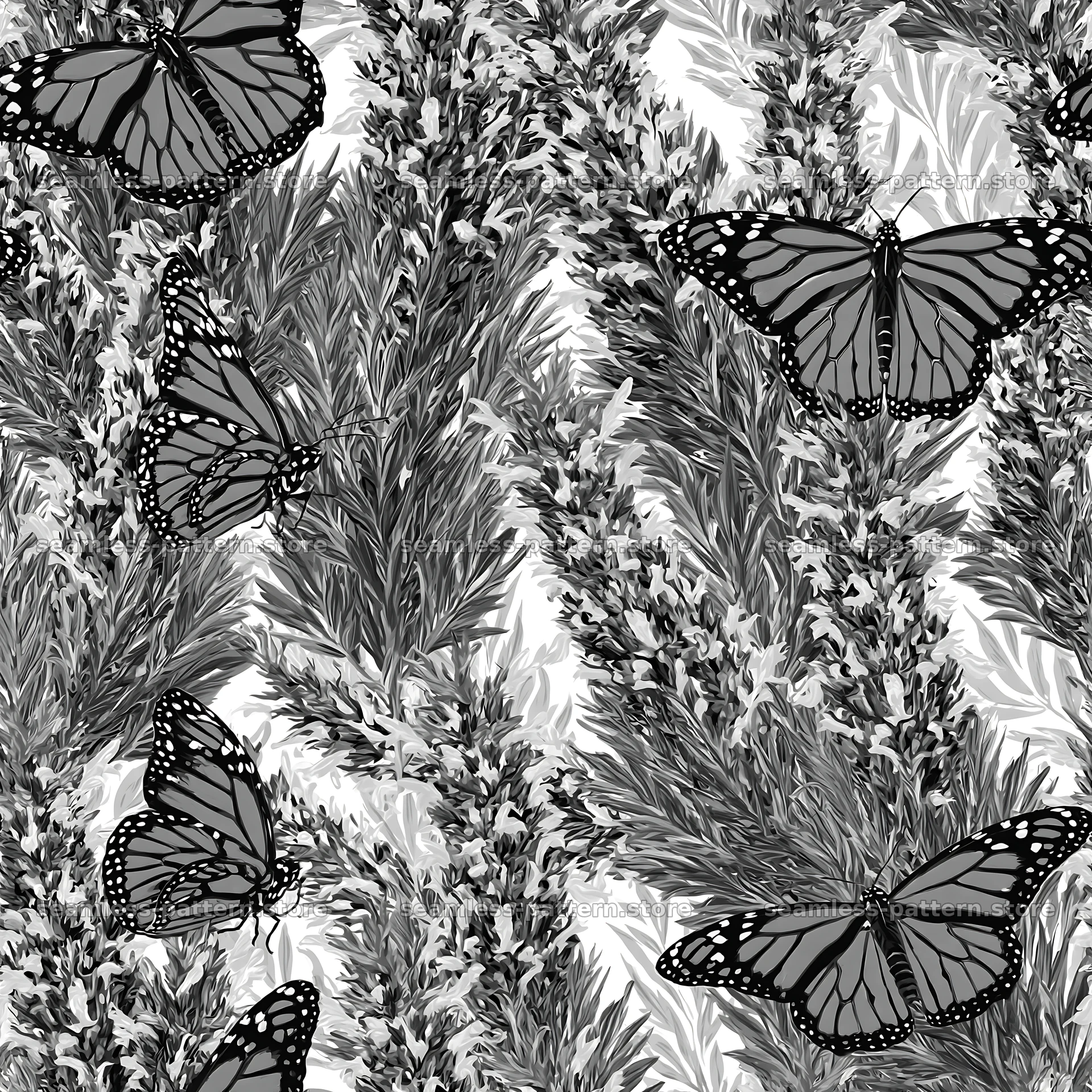 Butterfly and lavender seamless pattern in black and white — seamless tileable pattern