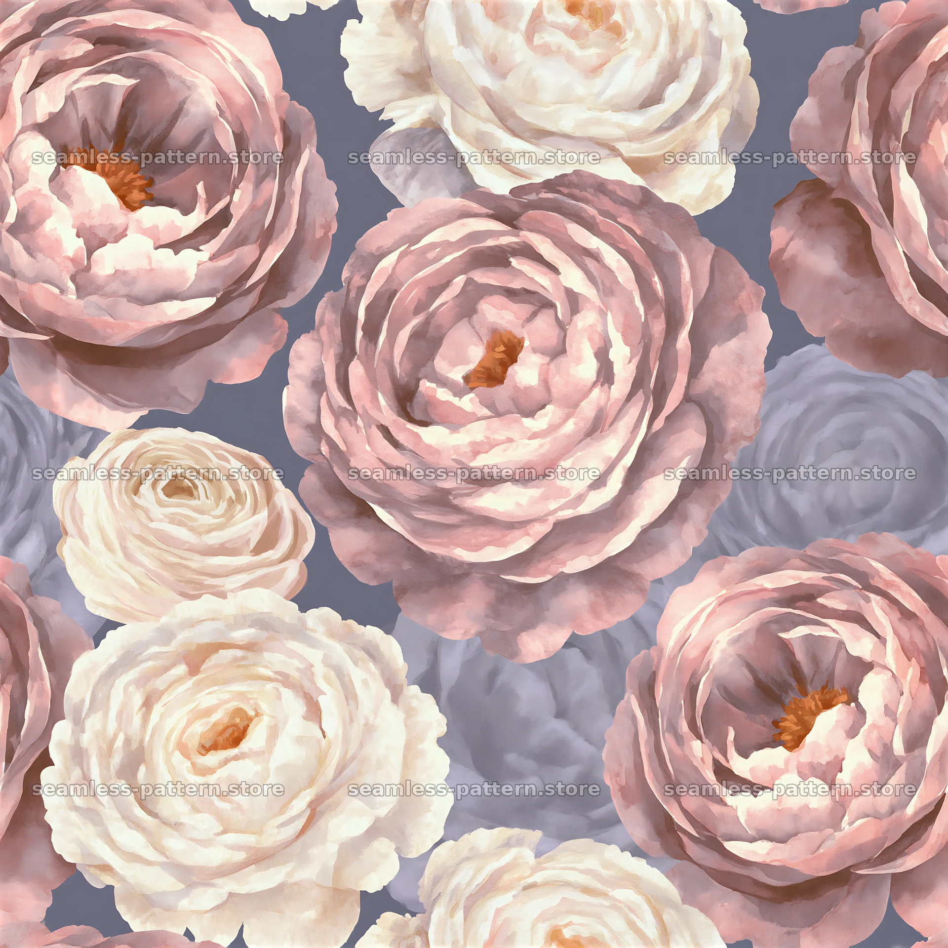 Repeat watercolor ranunculus pattern on soft gray background — seamless tileable pattern at 8192x8192