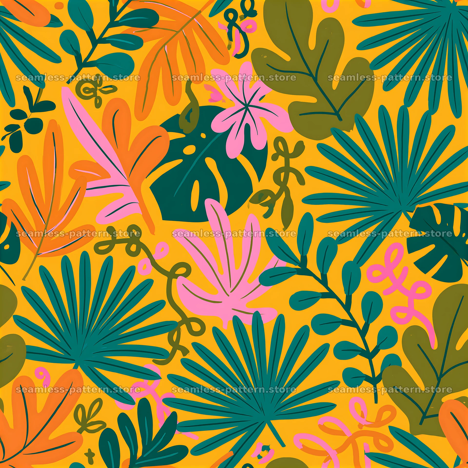 Vivid jungle foliage seamless pattern in bright colors and shapes — seamless tileable pattern at 8192x8192