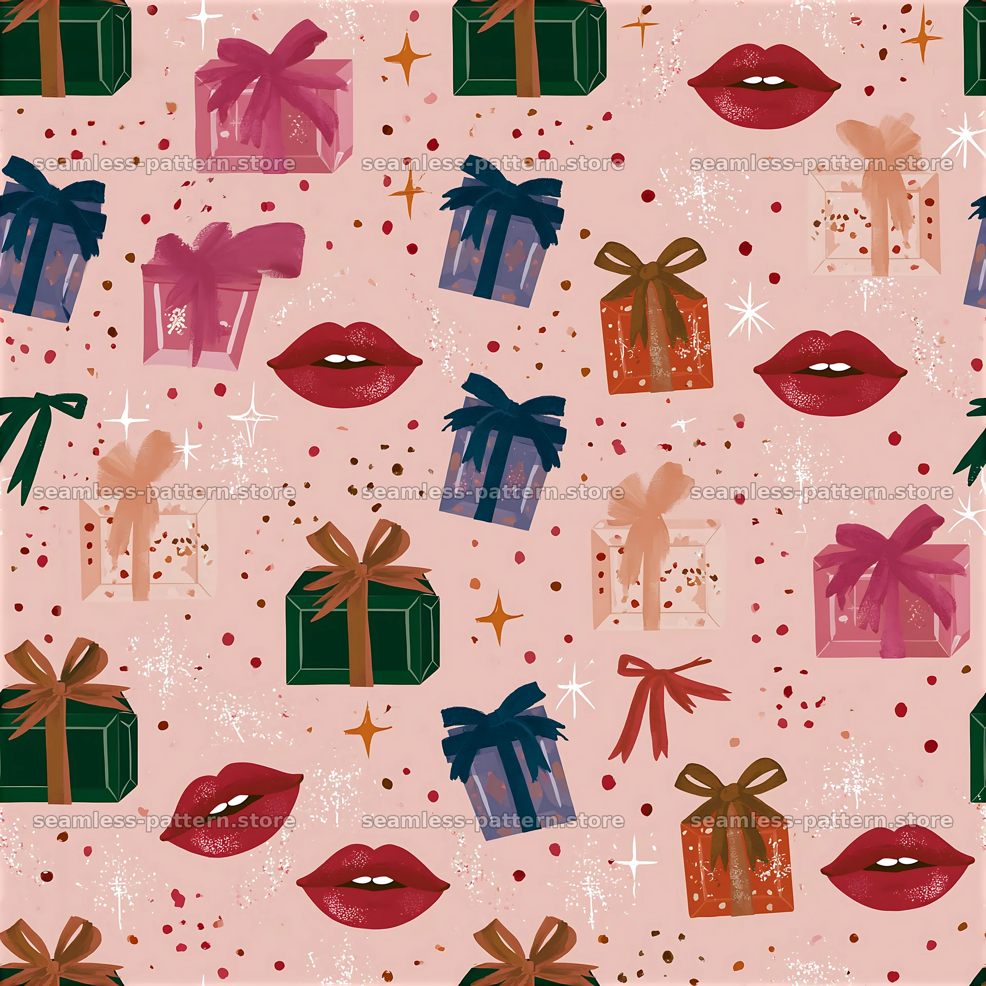Repeat pattern of kissing lips and colorful presents — seamless tileable pattern at 8192x8192