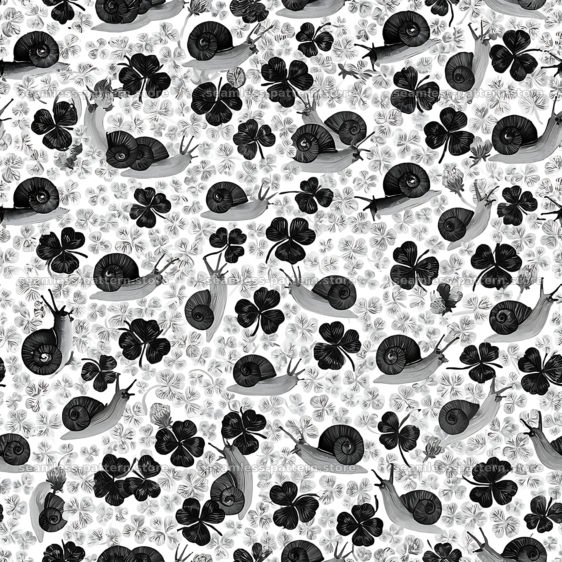 Seamless pattern of snails and clover leaves in black and white — seamless tileable pattern