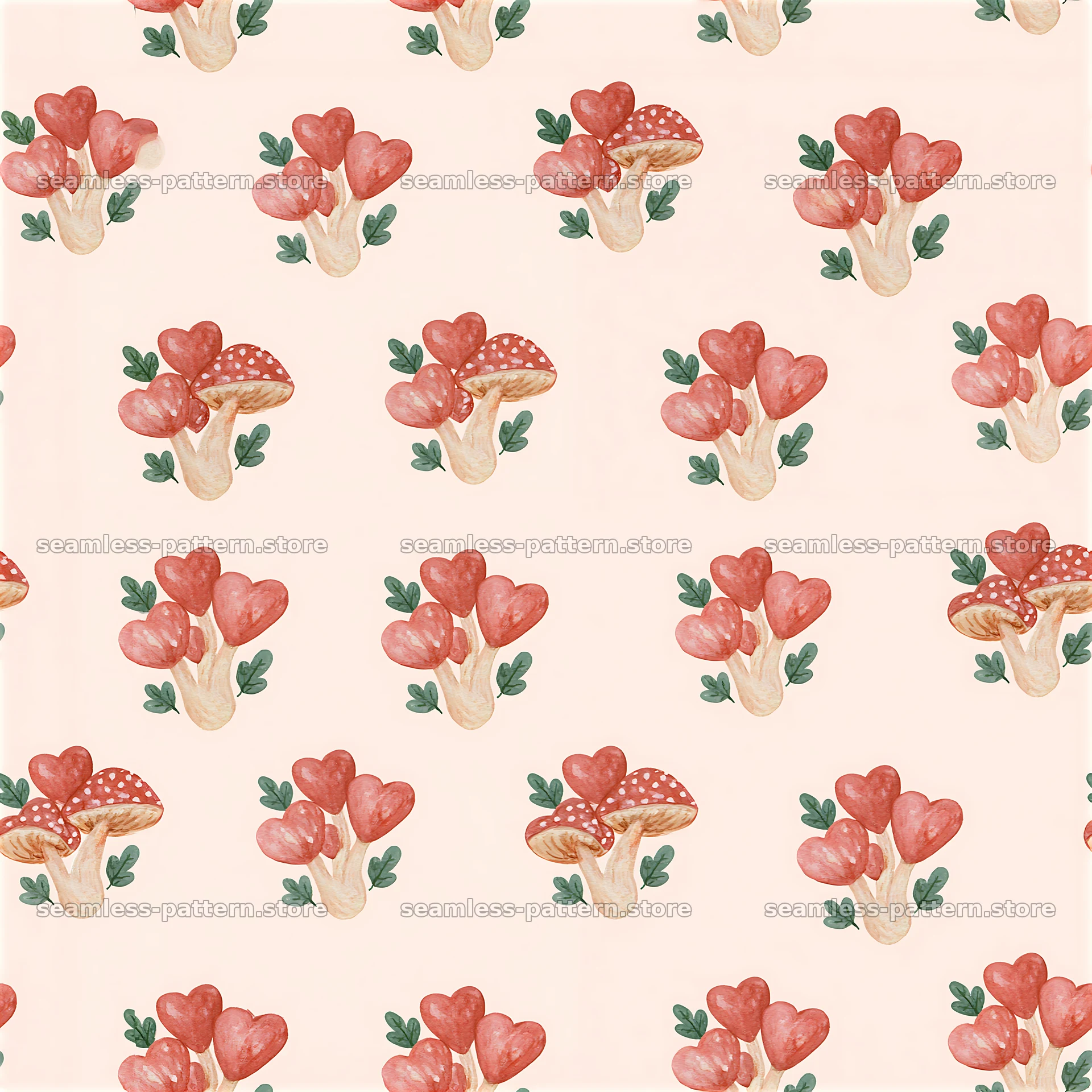 Heart mushrooms repeating pattern on light background — seamless tileable pattern at 8192x8192