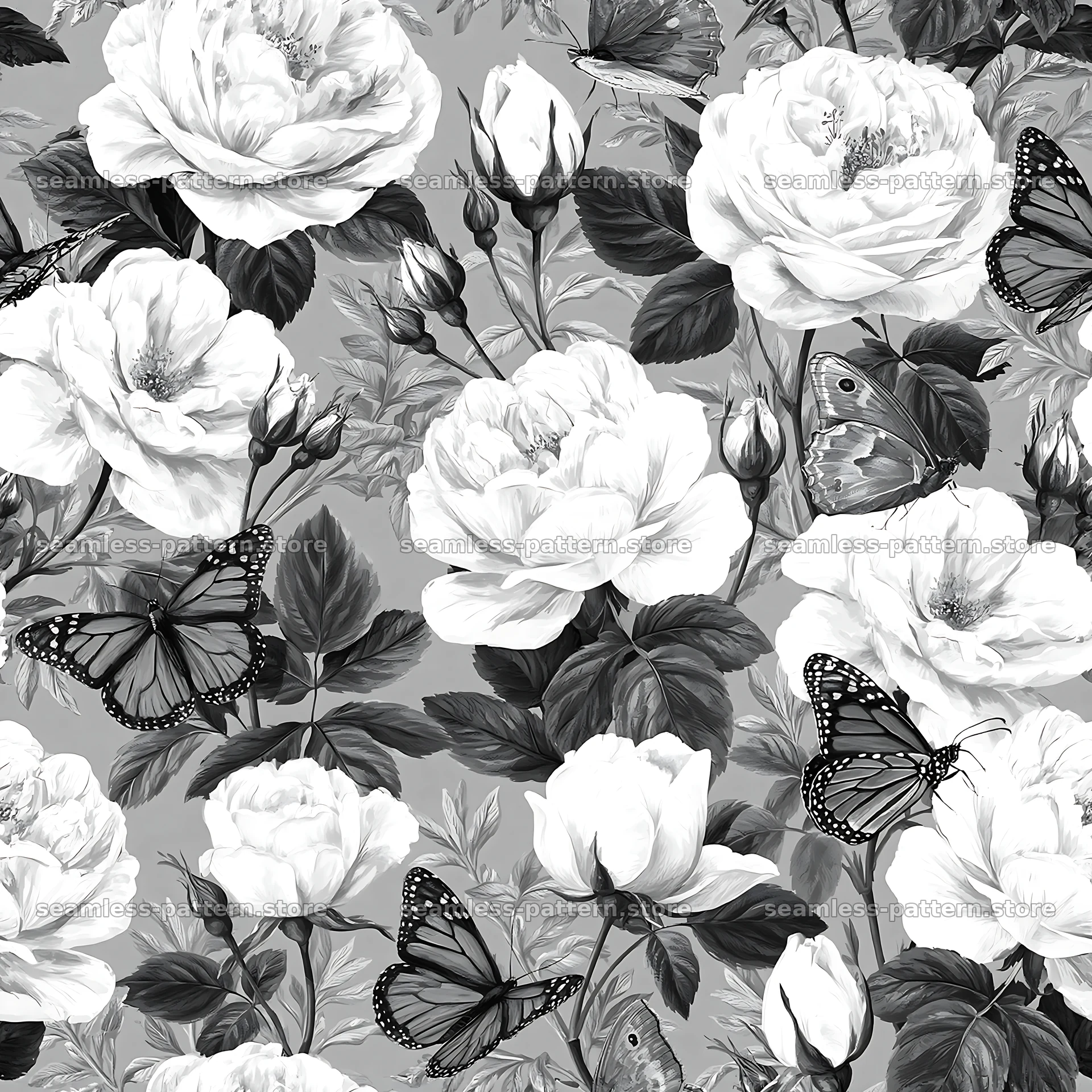 Butterfly and rose seamless pattern in black and white — seamless tileable pattern